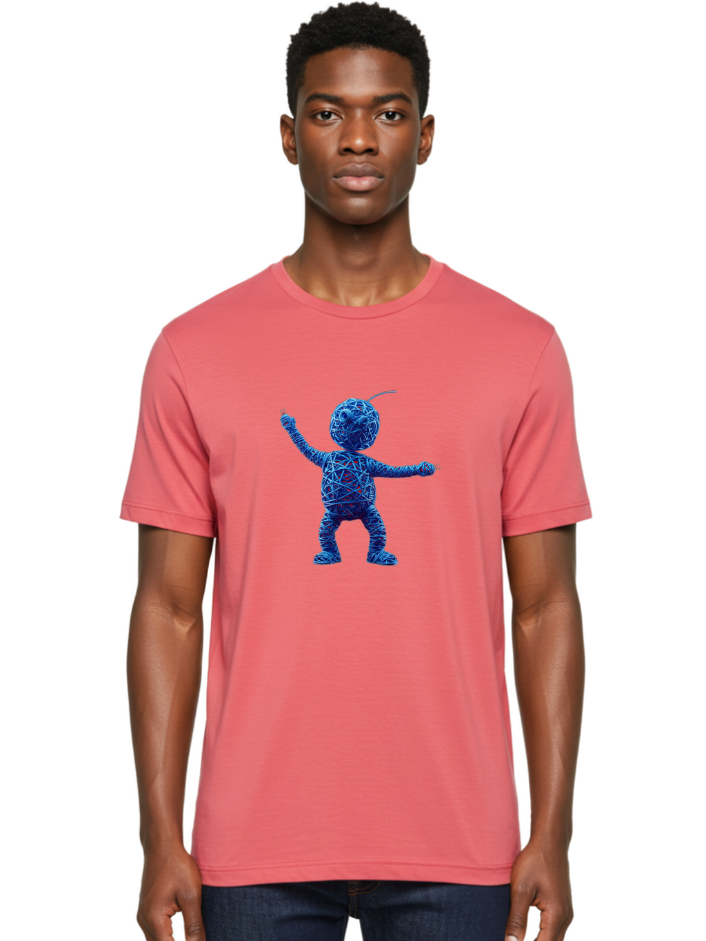 Blue-Wire-Figure Men'S Graphic Tee, 100% Cotton, Comfortable Casual Summer Wear, Machine Washable, Wire Twisted Figure, Abstract Character, Avant-Garde Art, Surreal Sculpture, Contemporary Design, Artistic Expression, Modern Art, Blue Wire, Baa177
