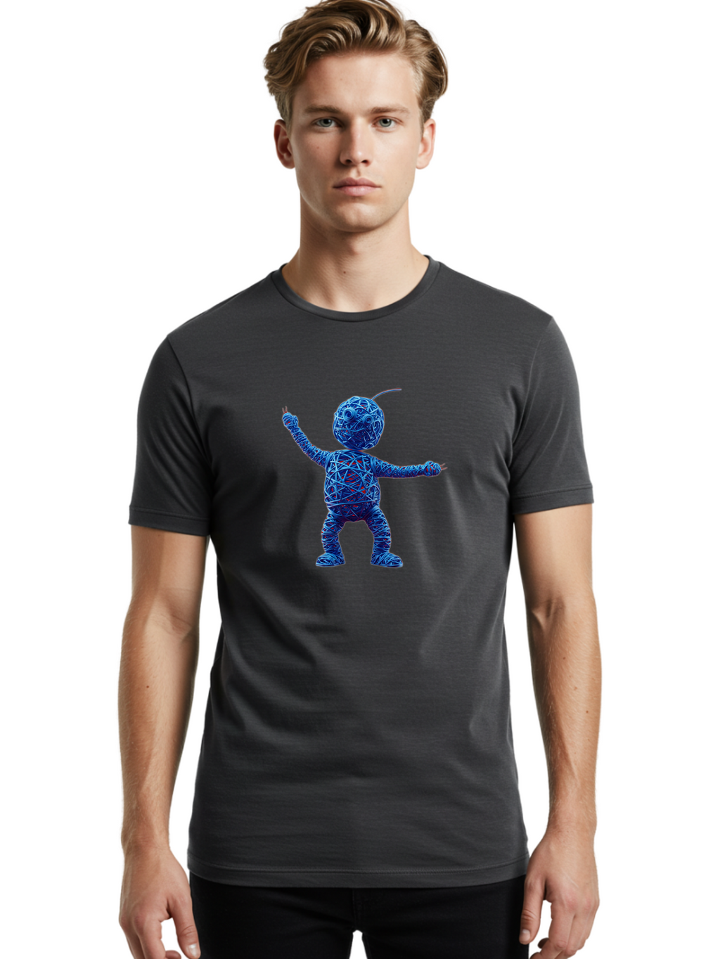 Blue-Wire-Figure Men'S Graphic Tee, 100% Cotton, Comfortable Casual Summer Wear, Machine Washable, Wire Twisted Figure, Abstract Character, Avant-Garde Art, Surreal Sculpture, Contemporary Design, Artistic Expression, Modern Art, Blue Wire, Baa177