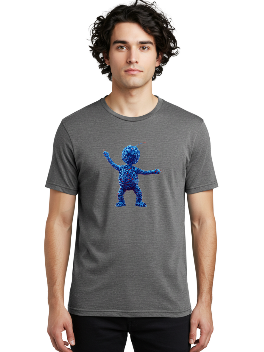 Blue-Wire-Figure Men'S Graphic Tee, 100% Cotton, Comfortable Casual Summer Wear, Machine Washable, Wire Twisted Figure, Abstract Character, Avant-Garde Art, Surreal Sculpture, Contemporary Design, Artistic Expression, Modern Art, Blue Wire, Baa177