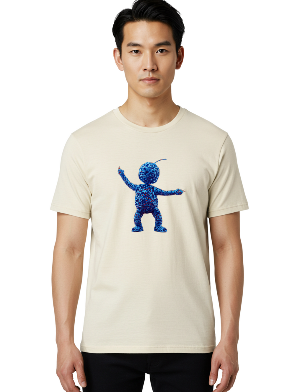 Blue-Wire-Figure Men'S Graphic Tee, 100% Cotton, Comfortable Casual Summer Wear, Machine Washable, Wire Twisted Figure, Abstract Character, Avant-Garde Art, Surreal Sculpture, Contemporary Design, Artistic Expression, Modern Art, Blue Wire, Baa177