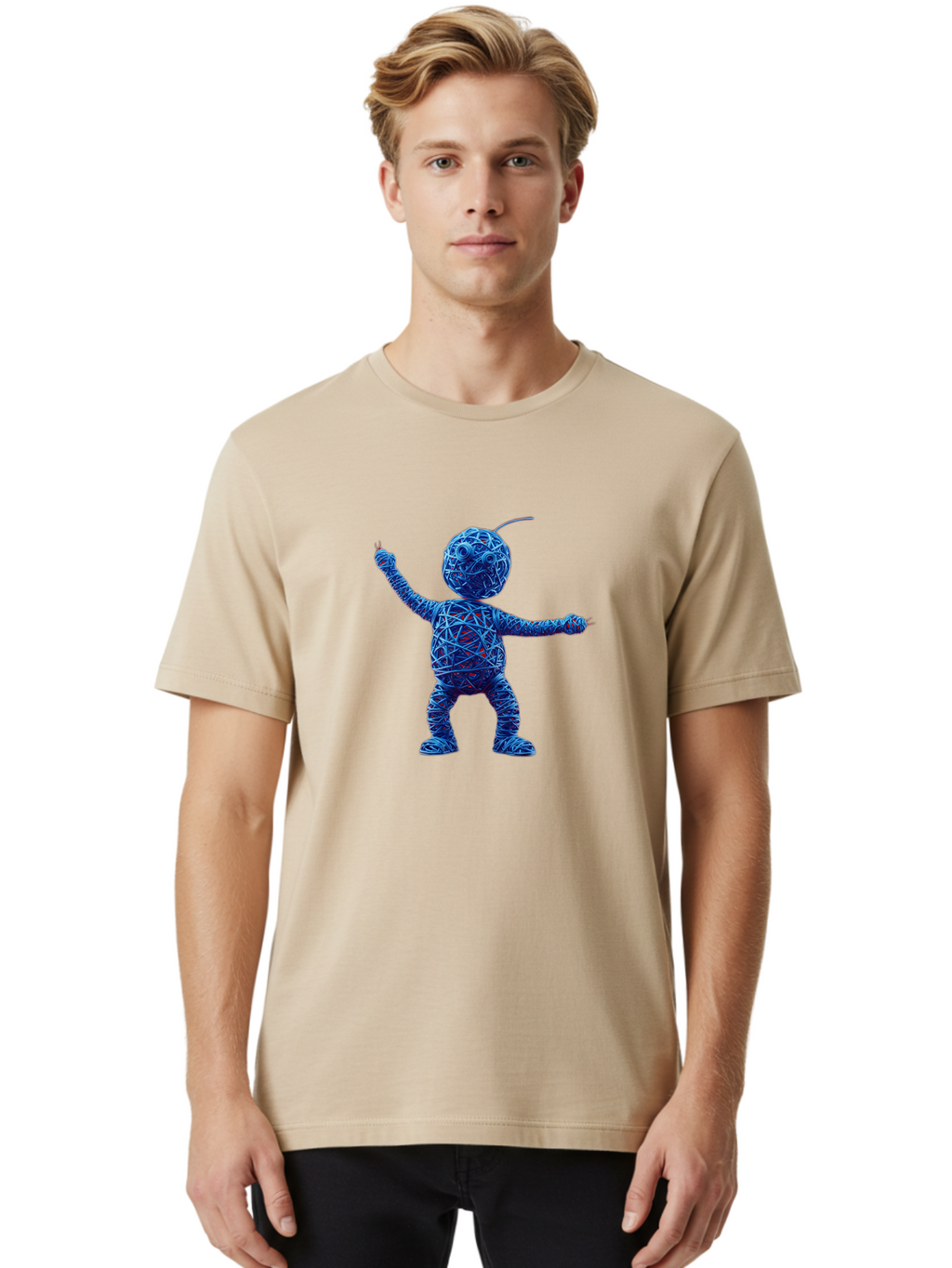 Blue-Wire-Figure Men'S Graphic Tee, 100% Cotton, Comfortable Casual Summer Wear, Machine Washable, Wire Twisted Figure, Abstract Character, Avant-Garde Art, Surreal Sculpture, Contemporary Design, Artistic Expression, Modern Art, Blue Wire, Baa177
