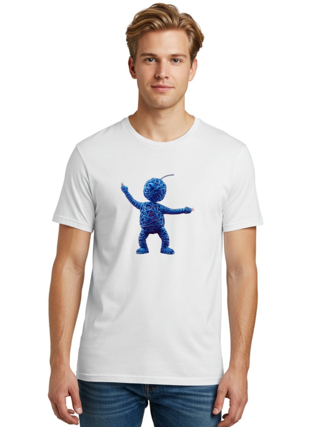 Blue-Wire-Figure Men'S Graphic Tee, 100% Cotton, Comfortable Casual Summer Wear, Machine Washable, Wire Twisted Figure, Abstract Character, Avant-Garde Art, Surreal Sculpture, Contemporary Design, Artistic Expression, Modern Art, Blue Wire, Baa177