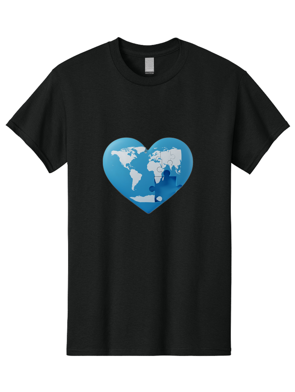 Blue-World-Map-Heart Men'S Graphic Tee, 100% Cotton, Comfortable Casual Summer Wear, Machine Washable, Heart-Shaped World Map, Puzzle Pieces, Global Unity, International Cooperation, Charity Symbol, Love For The World, Interconnectedness, Baa178
