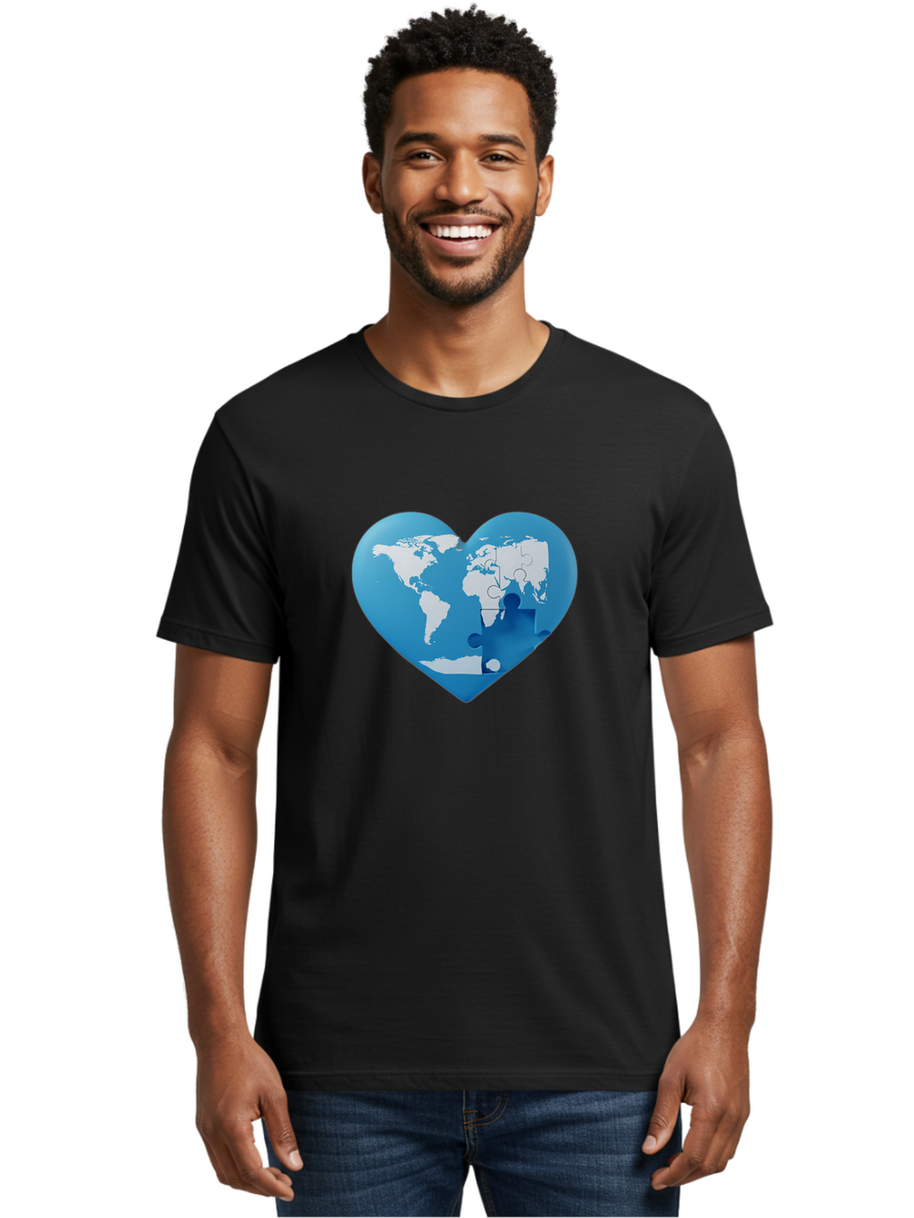 Blue-World-Map-Heart Men'S Graphic Tee, 100% Cotton, Comfortable Casual Summer Wear, Machine Washable, Heart-Shaped World Map, Puzzle Pieces, Global Unity, International Cooperation, Charity Symbol, Love For The World, Interconnectedness, Baa178