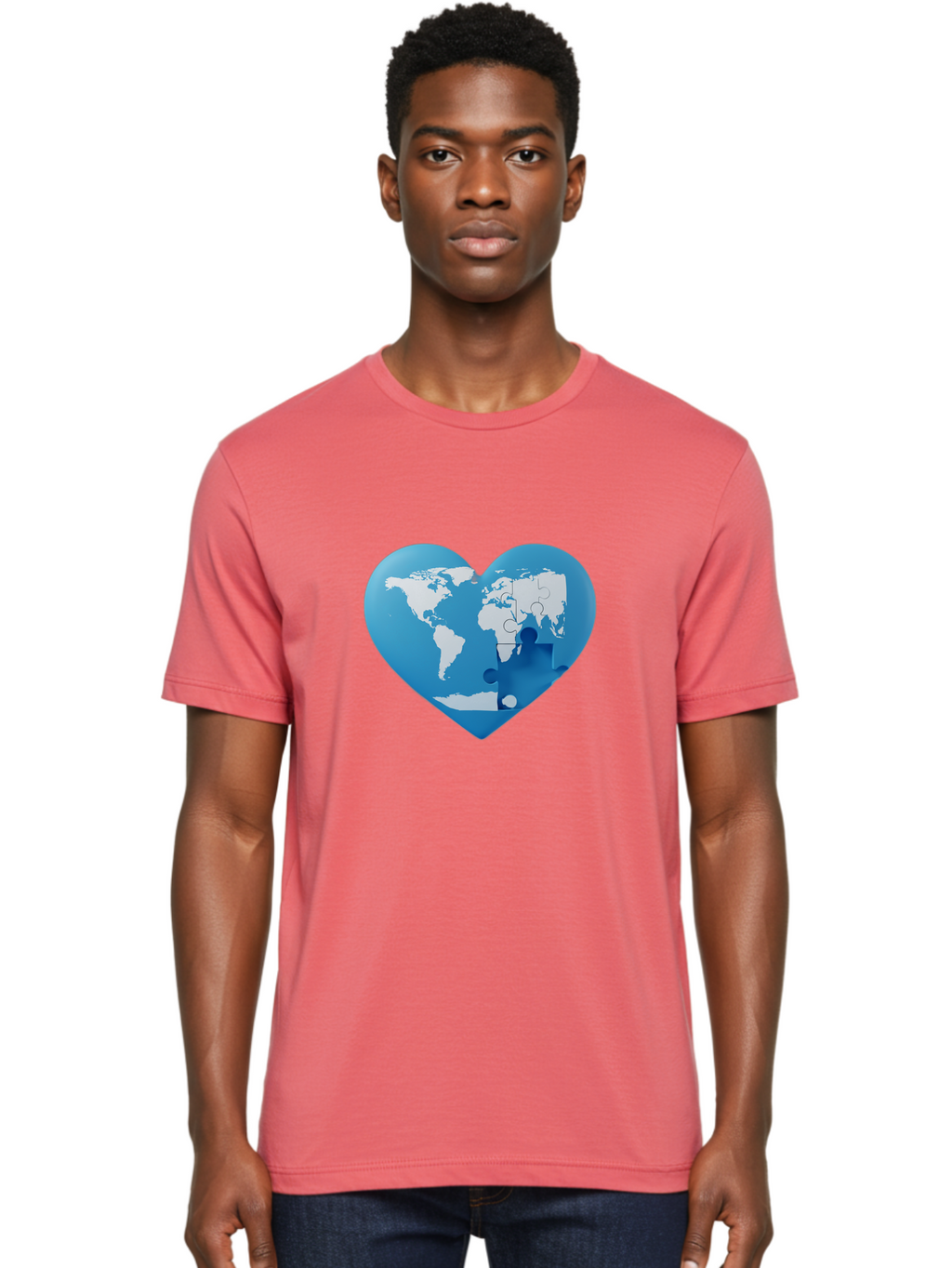 Blue-World-Map-Heart Men'S Graphic Tee, 100% Cotton, Comfortable Casual Summer Wear, Machine Washable, Heart-Shaped World Map, Puzzle Pieces, Global Unity, International Cooperation, Charity Symbol, Love For The World, Interconnectedness, Baa178