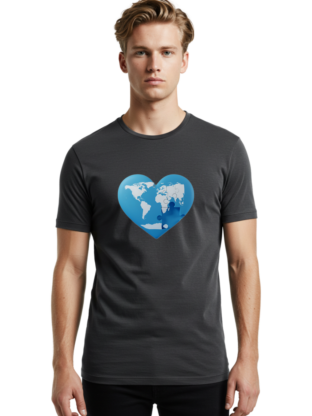 Blue-World-Map-Heart Men'S Graphic Tee, 100% Cotton, Comfortable Casual Summer Wear, Machine Washable, Heart-Shaped World Map, Puzzle Pieces, Global Unity, International Cooperation, Charity Symbol, Love For The World, Interconnectedness, Baa178
