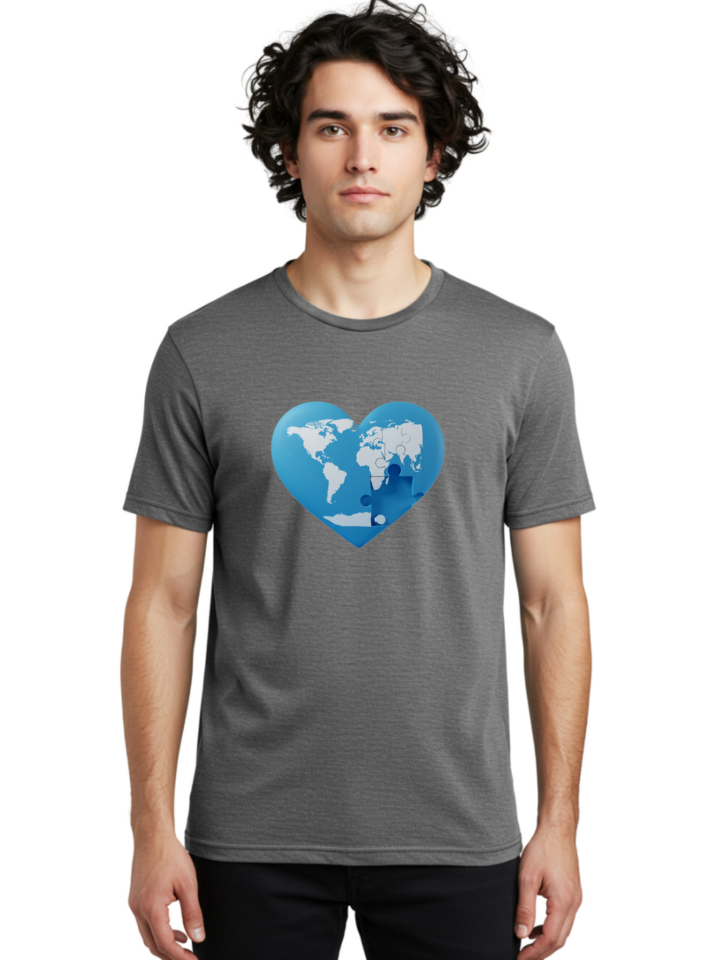 Blue-World-Map-Heart Men'S Graphic Tee, 100% Cotton, Comfortable Casual Summer Wear, Machine Washable, Heart-Shaped World Map, Puzzle Pieces, Global Unity, International Cooperation, Charity Symbol, Love For The World, Interconnectedness, Baa178