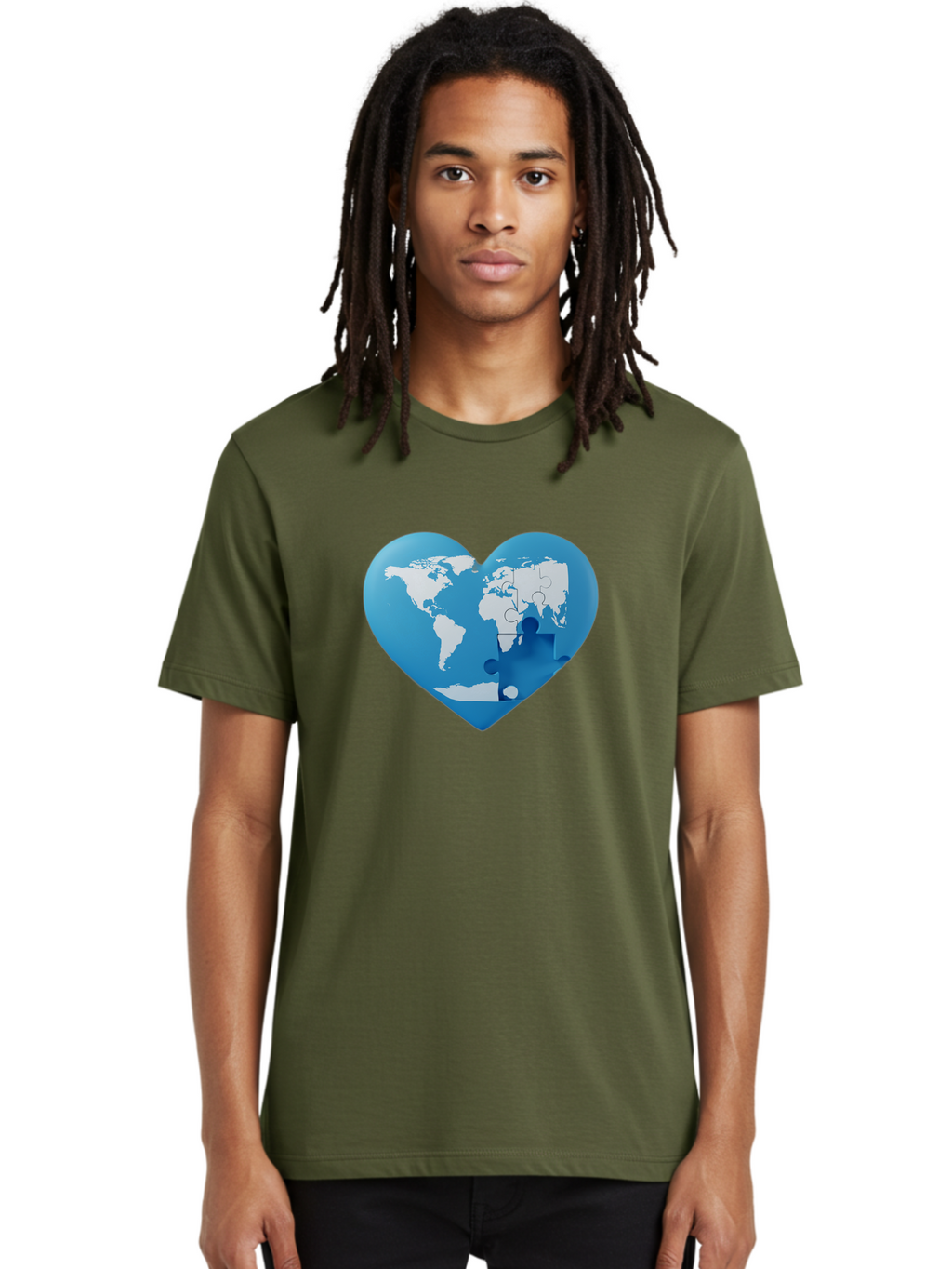 Blue-World-Map-Heart Men'S Graphic Tee, 100% Cotton, Comfortable Casual Summer Wear, Machine Washable, Heart-Shaped World Map, Puzzle Pieces, Global Unity, International Cooperation, Charity Symbol, Love For The World, Interconnectedness, Baa178
