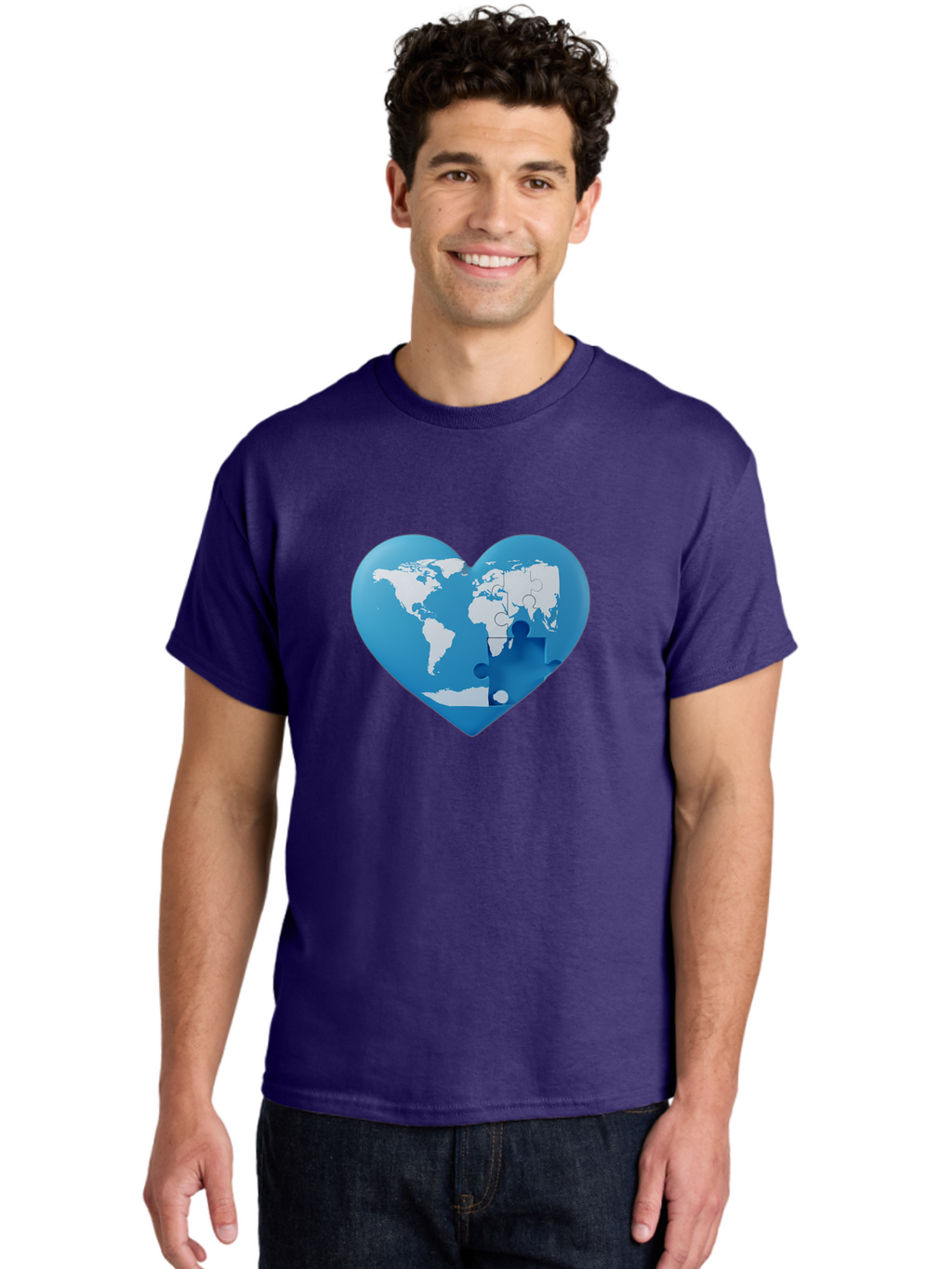 Blue-World-Map-Heart Men'S Graphic Tee, 100% Cotton, Comfortable Casual Summer Wear, Machine Washable, Heart-Shaped World Map, Puzzle Pieces, Global Unity, International Cooperation, Charity Symbol, Love For The World, Interconnectedness, Baa178