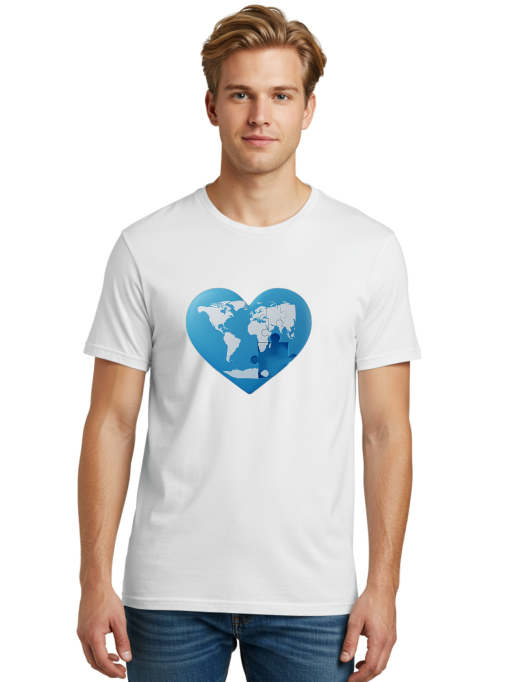 Blue-World-Map-Heart Men'S Graphic Tee, 100% Cotton, Comfortable Casual Summer Wear, Machine Washable, Heart-Shaped World Map, Puzzle Pieces, Global Unity, International Cooperation, Charity Symbol, Love For The World, Interconnectedness, Baa178