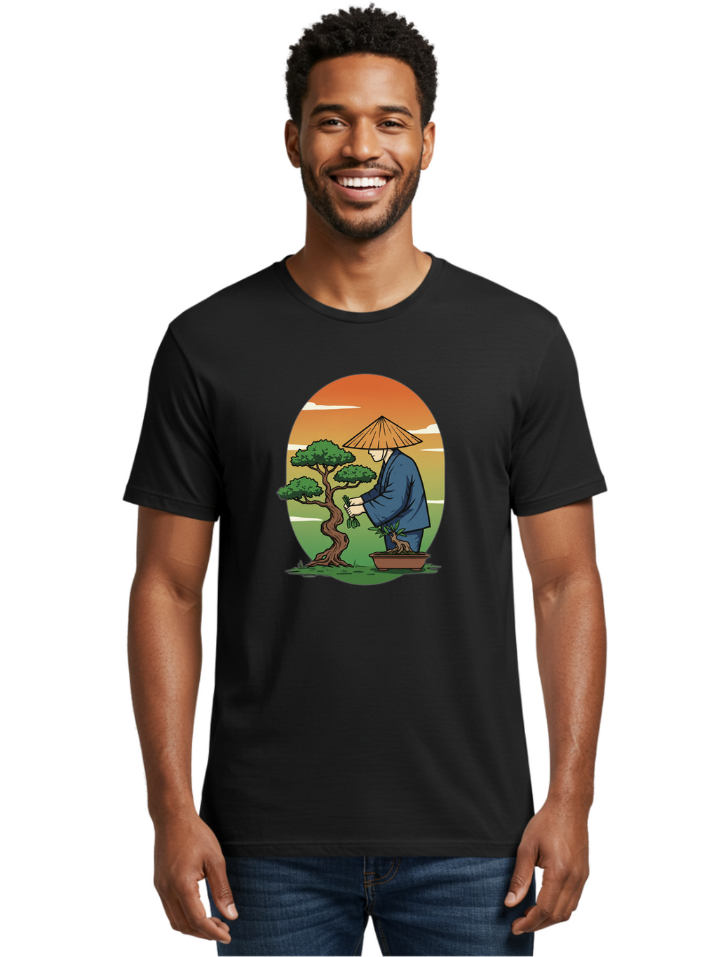Bonsai-Gardener Men'S Graphic Tee, 100% Cotton, Comfortable Casual Summer Wear, Machine Washable, Bonsai Tree, Gardener, Serene Landscape, Tranquil Atmosphere, Traditional Asian Attire, Japanese Culture, Gardening, Calm Environment, Baa179