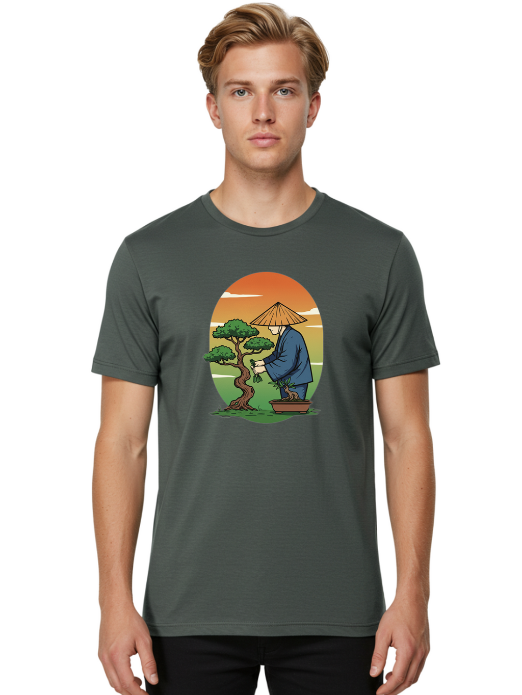 Bonsai-Gardener Men'S Graphic Tee, 100% Cotton, Comfortable Casual Summer Wear, Machine Washable, Bonsai Tree, Gardener, Serene Landscape, Tranquil Atmosphere, Traditional Asian Attire, Japanese Culture, Gardening, Calm Environment, Baa179