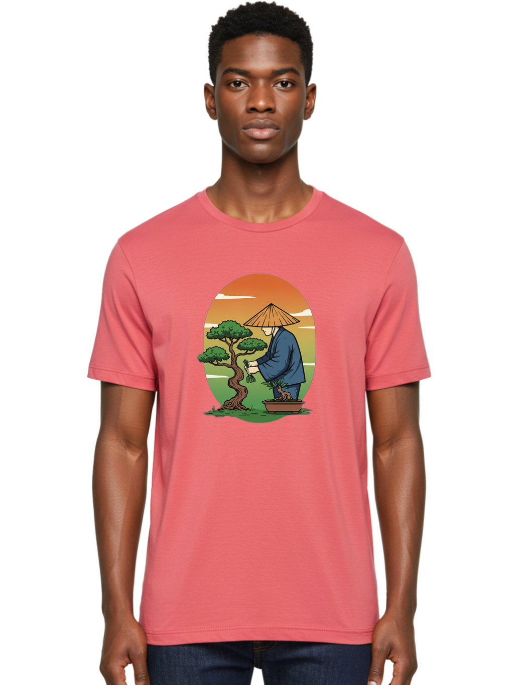 Bonsai-Gardener Men'S Graphic Tee, 100% Cotton, Comfortable Casual Summer Wear, Machine Washable, Bonsai Tree, Gardener, Serene Landscape, Tranquil Atmosphere, Traditional Asian Attire, Japanese Culture, Gardening, Calm Environment, Baa179