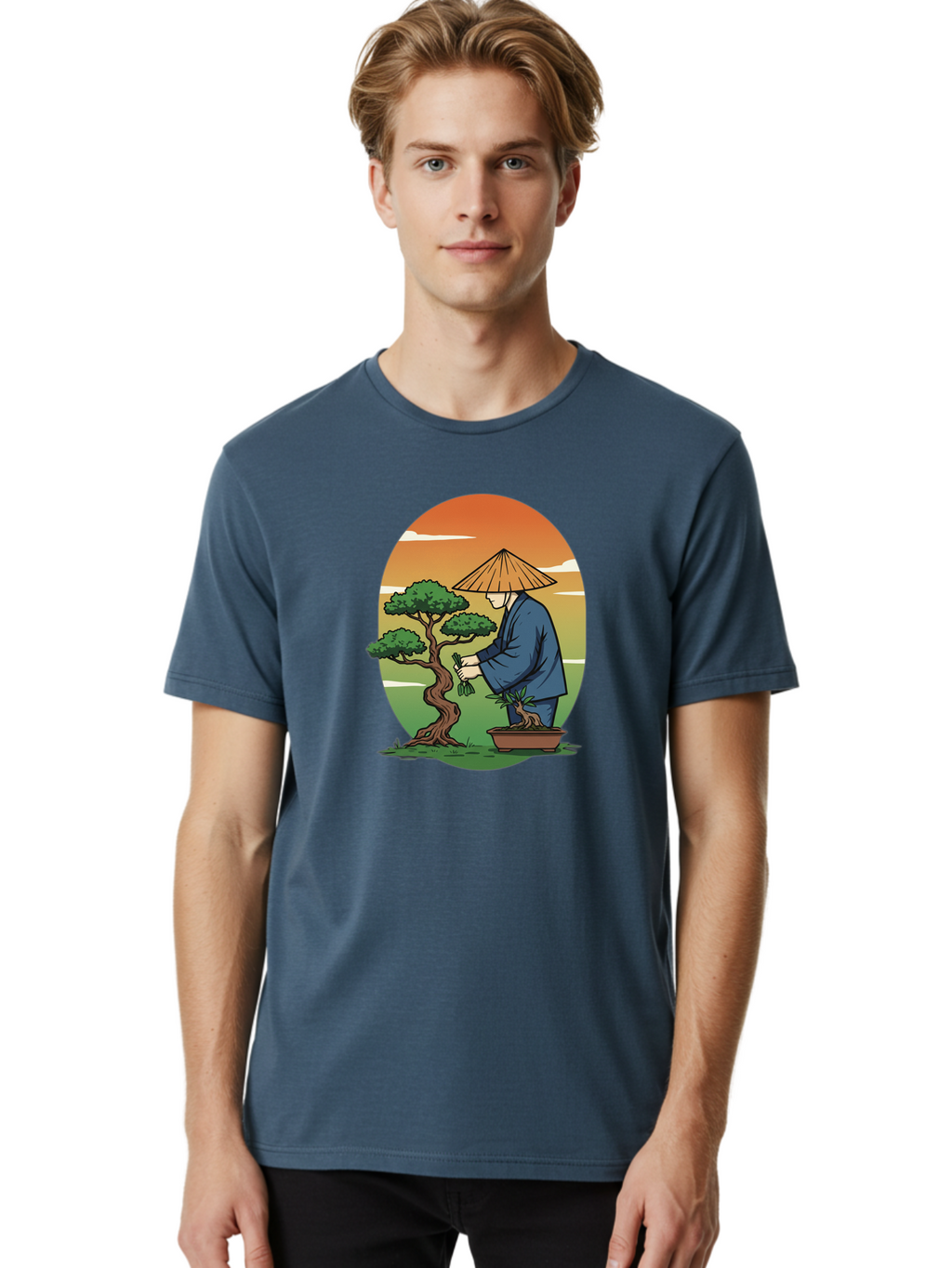 Bonsai-Gardener Men'S Graphic Tee, 100% Cotton, Comfortable Casual Summer Wear, Machine Washable, Bonsai Tree, Gardener, Serene Landscape, Tranquil Atmosphere, Traditional Asian Attire, Japanese Culture, Gardening, Calm Environment, Baa179