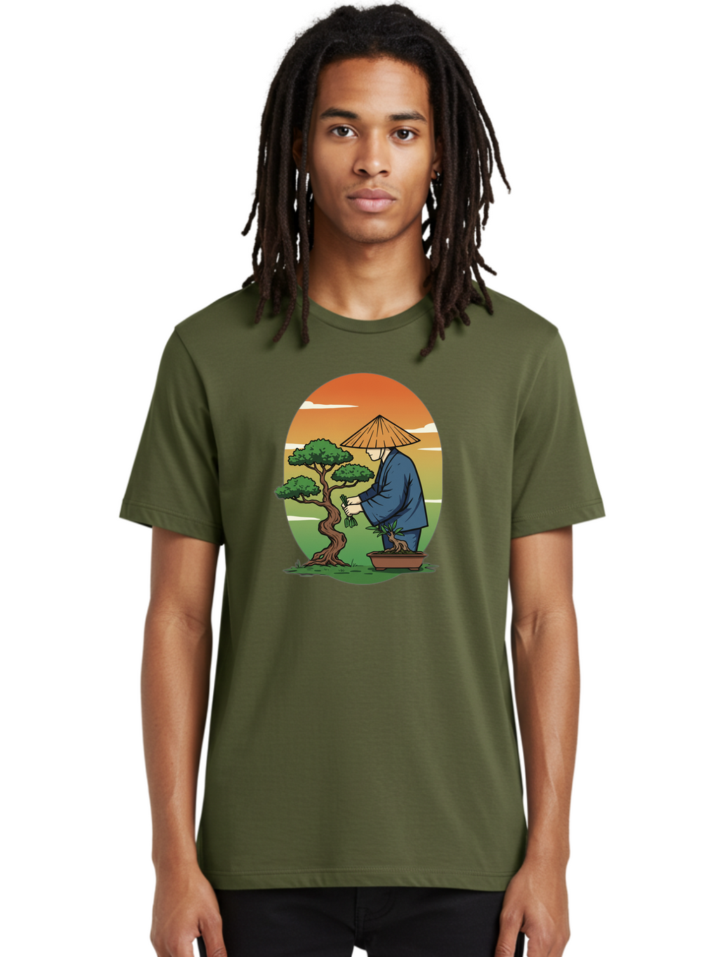 Bonsai-Gardener Men'S Graphic Tee, 100% Cotton, Comfortable Casual Summer Wear, Machine Washable, Bonsai Tree, Gardener, Serene Landscape, Tranquil Atmosphere, Traditional Asian Attire, Japanese Culture, Gardening, Calm Environment, Baa179