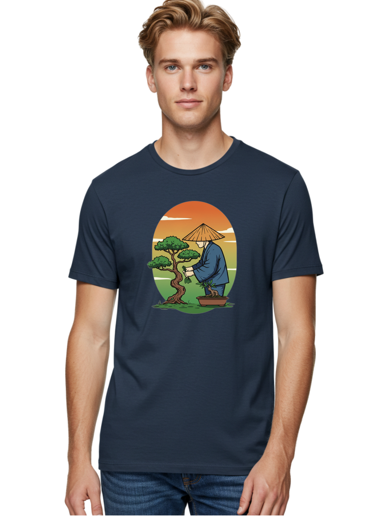 Bonsai-Gardener Men'S Graphic Tee, 100% Cotton, Comfortable Casual Summer Wear, Machine Washable, Bonsai Tree, Gardener, Serene Landscape, Tranquil Atmosphere, Traditional Asian Attire, Japanese Culture, Gardening, Calm Environment, Baa179