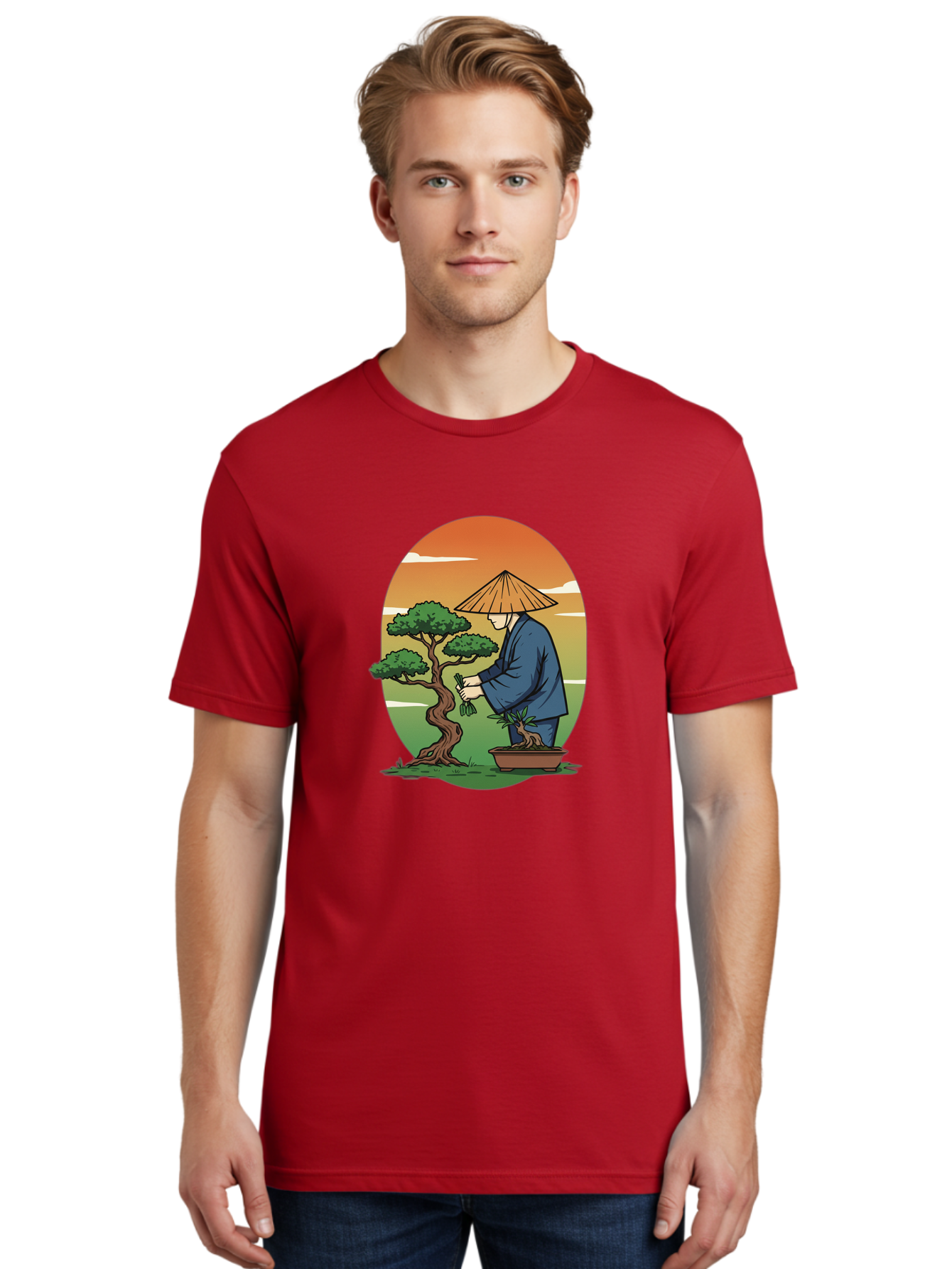 Bonsai-Gardener Men'S Graphic Tee, 100% Cotton, Comfortable Casual Summer Wear, Machine Washable, Bonsai Tree, Gardener, Serene Landscape, Tranquil Atmosphere, Traditional Asian Attire, Japanese Culture, Gardening, Calm Environment, Baa179