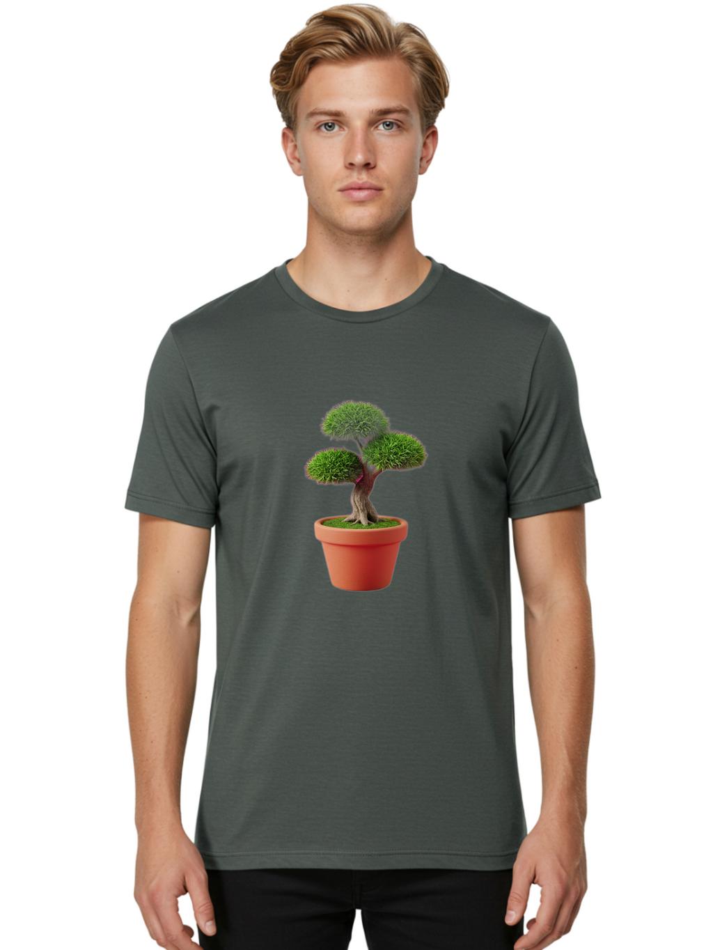 Bonsai-Tree Men'S Graphic Tee, 100% Cotton, Comfortable Casual Summer Wear, Machine Washable, Bonsai Tree, Potted Plant, Small Tree, Terracotta Pot, Twisted Trunk, Lush Foliage, Greenery, Decorative Plant, Indoor Gardening, Zen Garden, Baa180