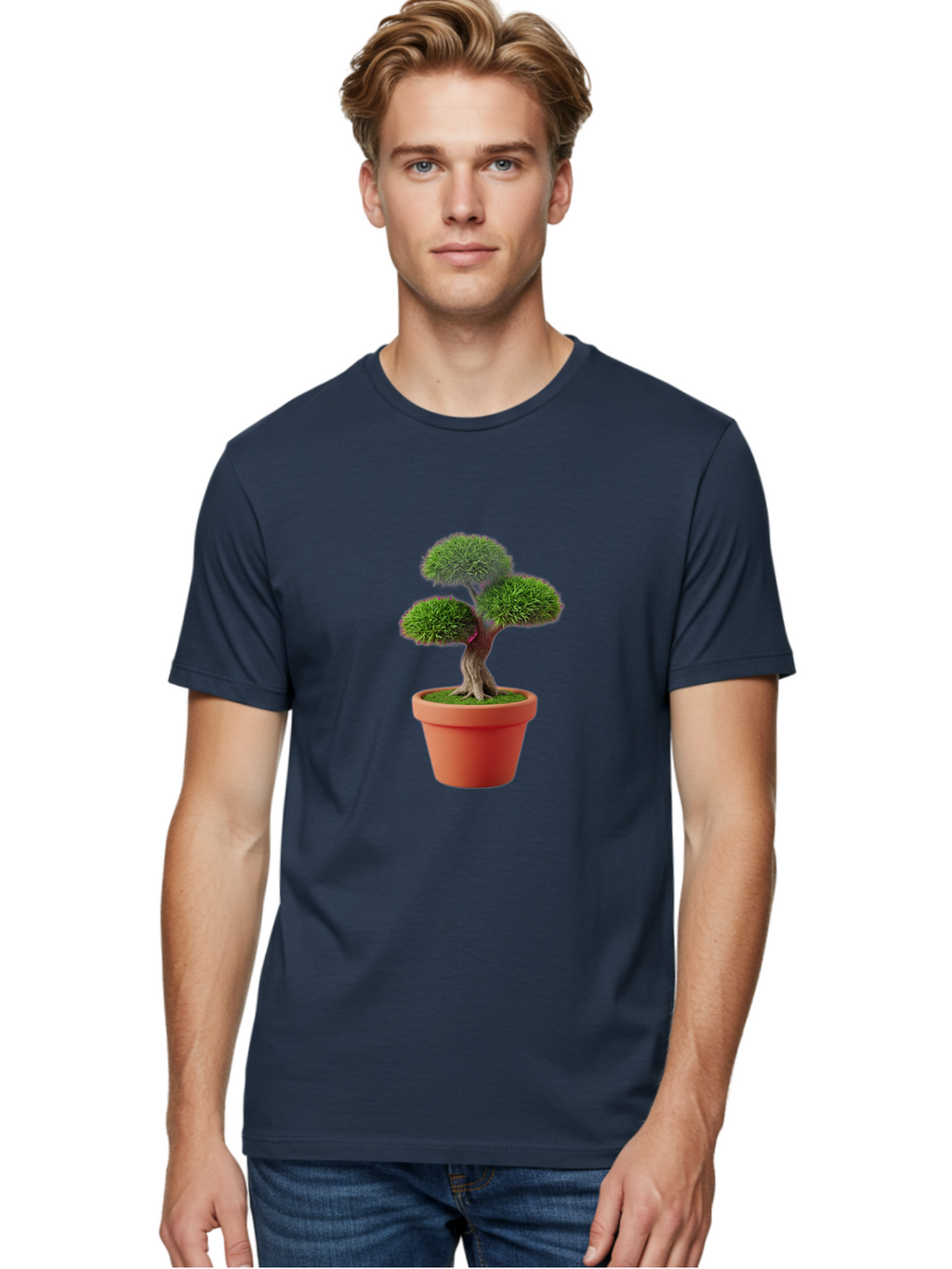 Bonsai-Tree Men'S Graphic Tee, 100% Cotton, Comfortable Casual Summer Wear, Machine Washable, Bonsai Tree, Potted Plant, Small Tree, Terracotta Pot, Twisted Trunk, Lush Foliage, Greenery, Decorative Plant, Indoor Gardening, Zen Garden, Baa180