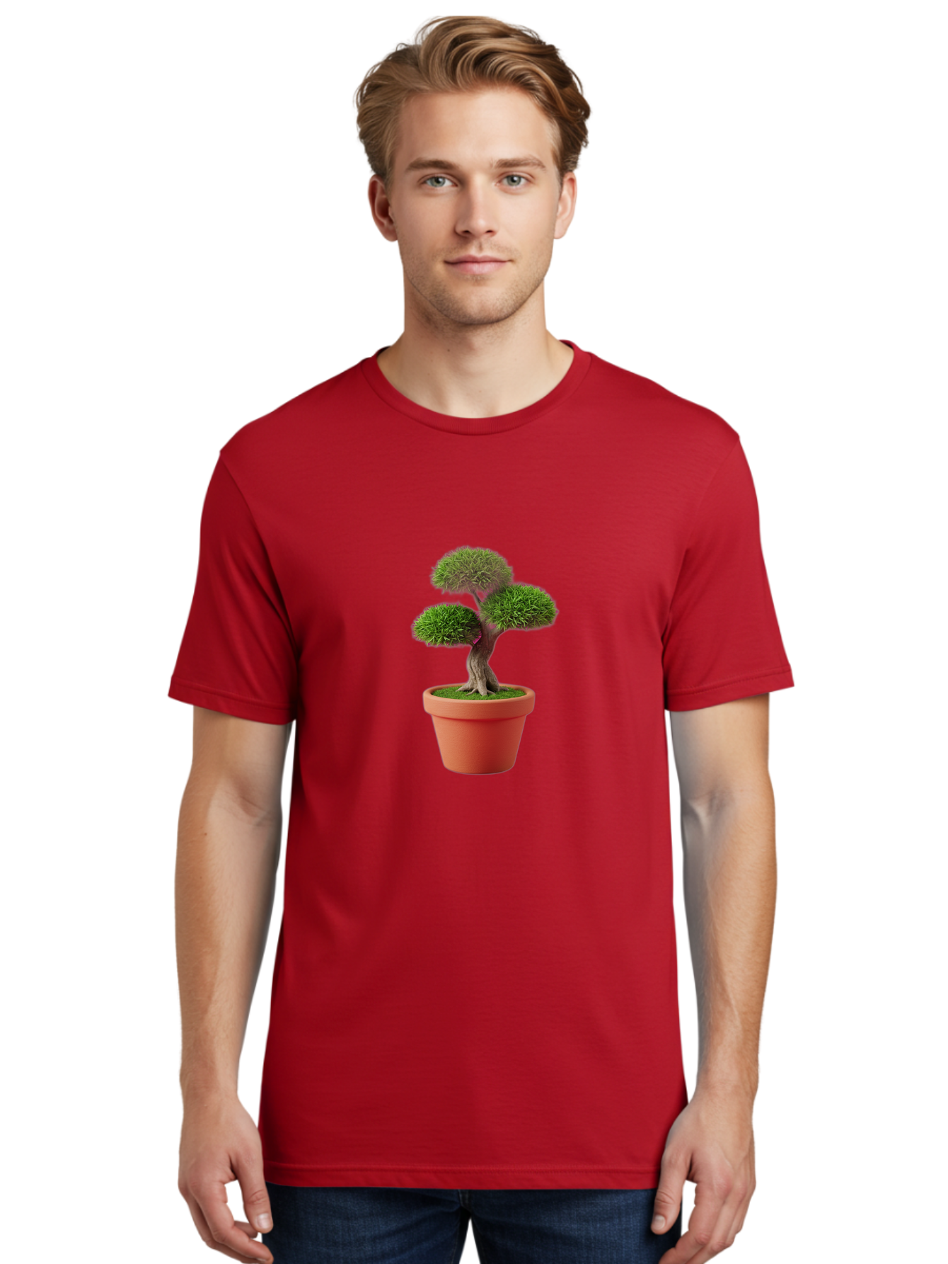Bonsai-Tree Men'S Graphic Tee, 100% Cotton, Comfortable Casual Summer Wear, Machine Washable, Bonsai Tree, Potted Plant, Small Tree, Terracotta Pot, Twisted Trunk, Lush Foliage, Greenery, Decorative Plant, Indoor Gardening, Zen Garden, Baa180