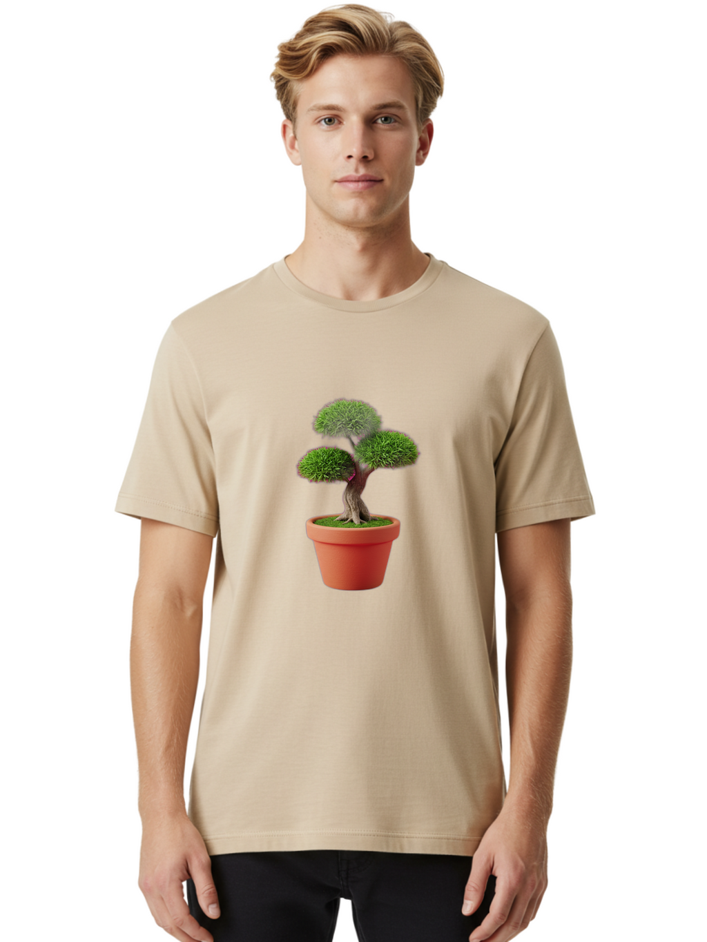 Bonsai-Tree Men'S Graphic Tee, 100% Cotton, Comfortable Casual Summer Wear, Machine Washable, Bonsai Tree, Potted Plant, Small Tree, Terracotta Pot, Twisted Trunk, Lush Foliage, Greenery, Decorative Plant, Indoor Gardening, Zen Garden, Baa180