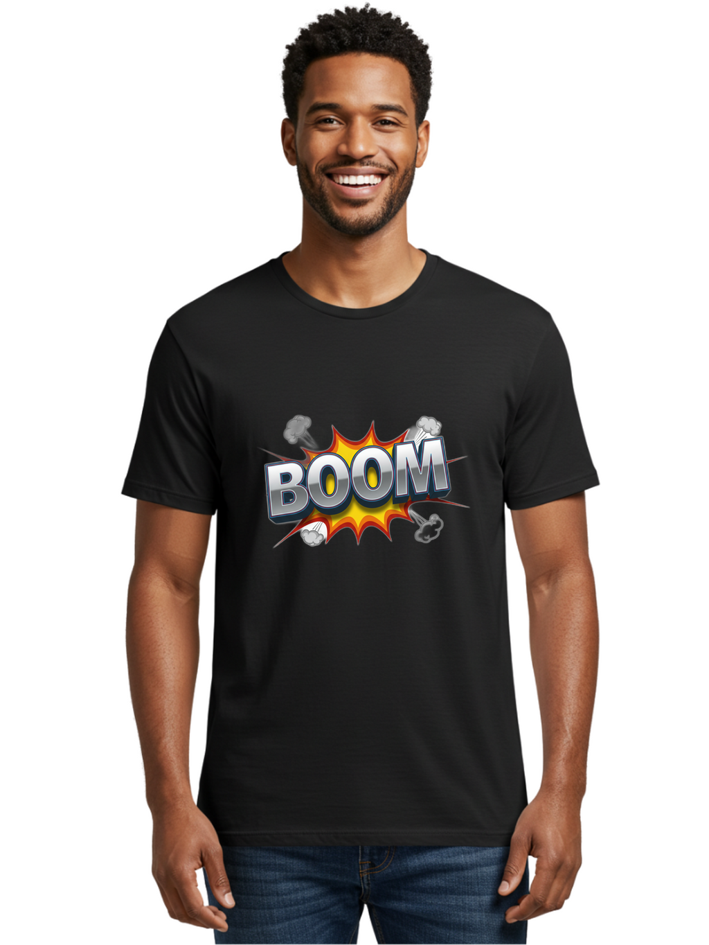 Boom-Comic-Explosion Men'S Graphic Tee, 100% Cotton, Comfortable Casual Summer Wear, Machine Washable, Comic Book Explosion, Boom Text, Cartoon Effect, Explosive Energy, Dynamic Action, Vibrant Colors, Energetic Impact, Comic Style, Baa181