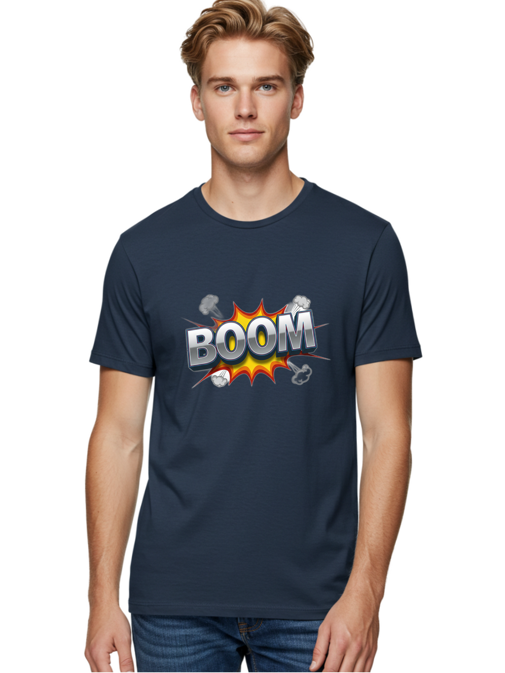 Boom-Comic-Explosion Men'S Graphic Tee, 100% Cotton, Comfortable Casual Summer Wear, Machine Washable, Comic Book Explosion, Boom Text, Cartoon Effect, Explosive Energy, Dynamic Action, Vibrant Colors, Energetic Impact, Comic Style, Baa181