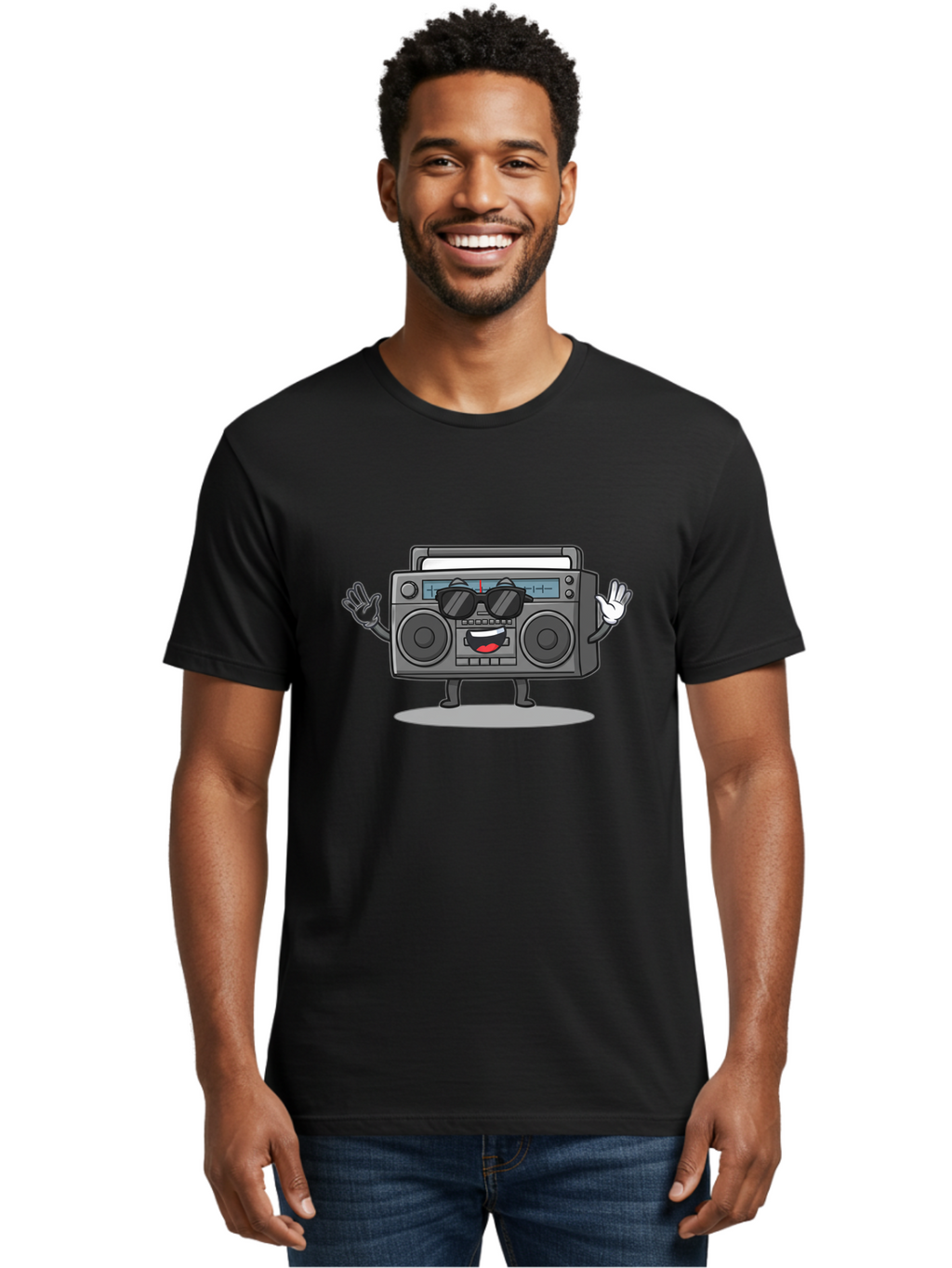 Boombox-1 Men'S Graphic Tee, 100% Cotton, Comfortable Casual Summer Wear, Machine Washable, Cartoon Boombox, Retro Boombox, Cool Boombox, Sunglasses, Friendly Character, Playful Vibe, Music Lover, Fun Character, Vintage Boombox, Baa182