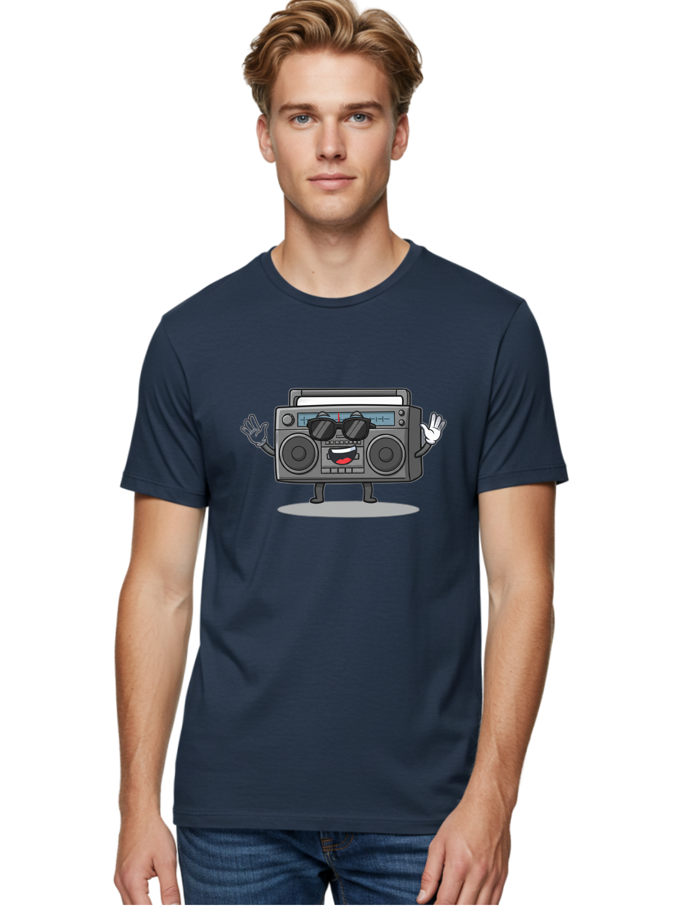 Boombox-1 Men'S Graphic Tee, 100% Cotton, Comfortable Casual Summer Wear, Machine Washable, Cartoon Boombox, Retro Boombox, Cool Boombox, Sunglasses, Friendly Character, Playful Vibe, Music Lover, Fun Character, Vintage Boombox, Baa182