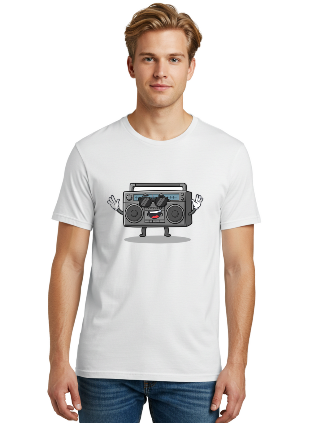 Boombox-1 Men'S Graphic Tee, 100% Cotton, Comfortable Casual Summer Wear, Machine Washable, Cartoon Boombox, Retro Boombox, Cool Boombox, Sunglasses, Friendly Character, Playful Vibe, Music Lover, Fun Character, Vintage Boombox, Baa182