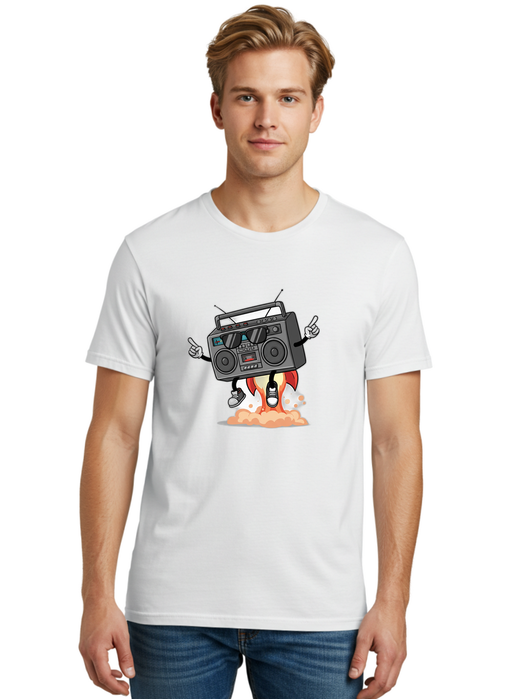 Boombox-4 Men'S Graphic Tee, 100% Cotton, Comfortable Casual Summer Wear, Machine Washable, Retro Boombox, Cartoon Character, Dj Stereo, Funky Music, Dancing Boombox, Rock On Gesture, Retro Technology, Cassette Tape, Loud Music, Fun Graphics, Baa185