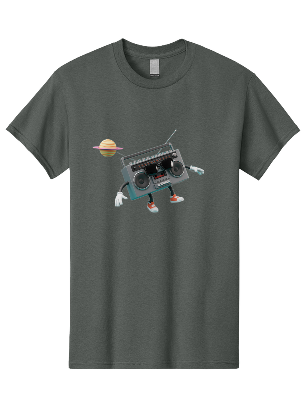 Boombox-5 Men'S Graphic Tee, 100% Cotton, Comfortable Casual Summer Wear, Machine Washable, Retro Boombox, Cartoon Character, Satellite Planet, Orange Sneakers, White Gloves, Gray Device, Cassette Player, Futuristic Accessories, Space Theme, Baa186