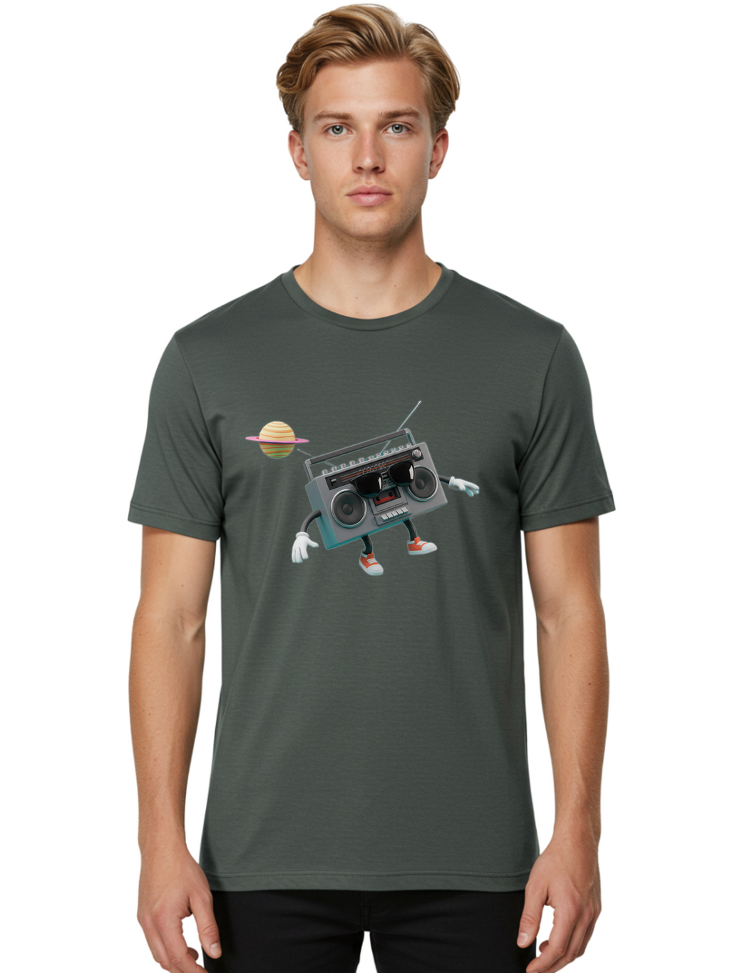 Boombox-5 Men'S Graphic Tee, 100% Cotton, Comfortable Casual Summer Wear, Machine Washable, Retro Boombox, Cartoon Character, Satellite Planet, Orange Sneakers, White Gloves, Gray Device, Cassette Player, Futuristic Accessories, Space Theme, Baa186