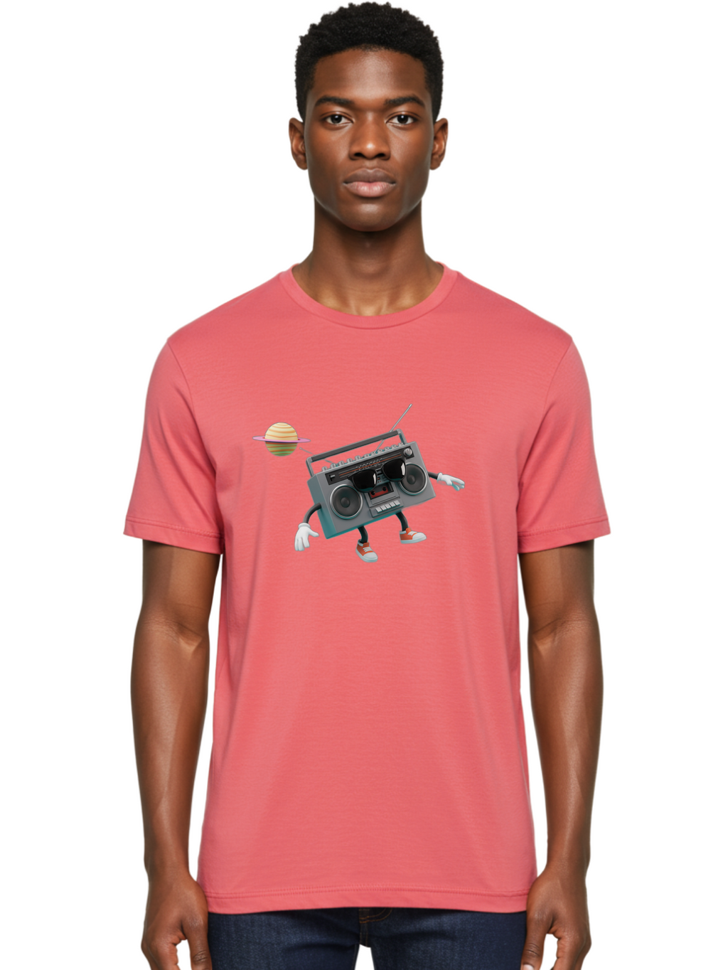 Boombox-5 Men'S Graphic Tee, 100% Cotton, Comfortable Casual Summer Wear, Machine Washable, Retro Boombox, Cartoon Character, Satellite Planet, Orange Sneakers, White Gloves, Gray Device, Cassette Player, Futuristic Accessories, Space Theme, Baa186