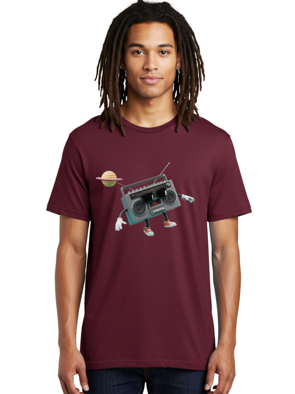 Boombox-5 Men'S Graphic Tee, 100% Cotton, Comfortable Casual Summer Wear, Machine Washable, Retro Boombox, Cartoon Character, Satellite Planet, Orange Sneakers, White Gloves, Gray Device, Cassette Player, Futuristic Accessories, Space Theme, Baa186