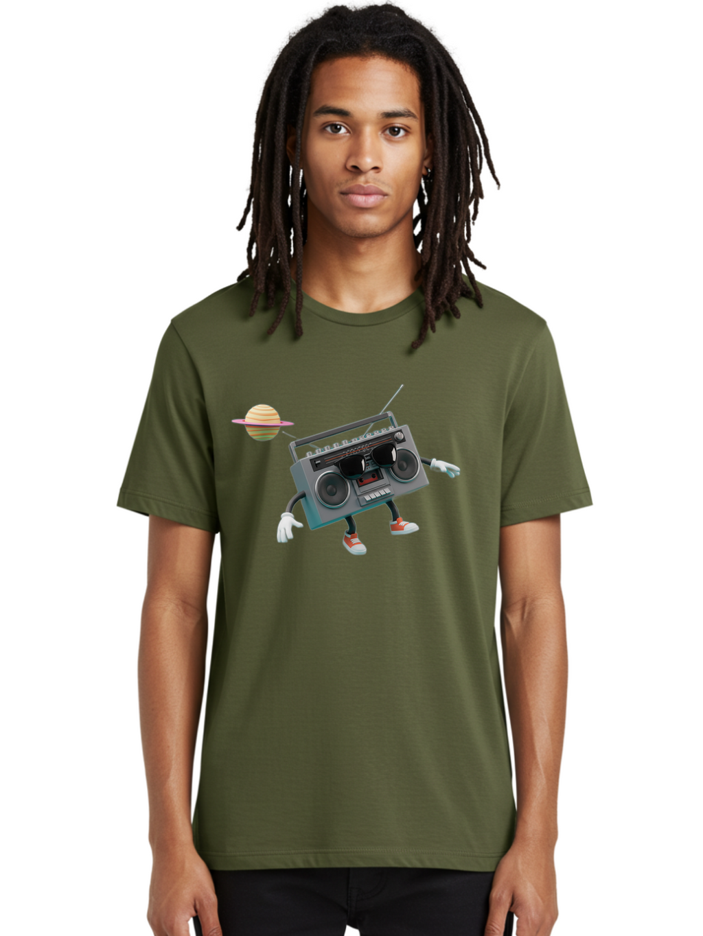 Boombox-5 Men'S Graphic Tee, 100% Cotton, Comfortable Casual Summer Wear, Machine Washable, Retro Boombox, Cartoon Character, Satellite Planet, Orange Sneakers, White Gloves, Gray Device, Cassette Player, Futuristic Accessories, Space Theme, Baa186