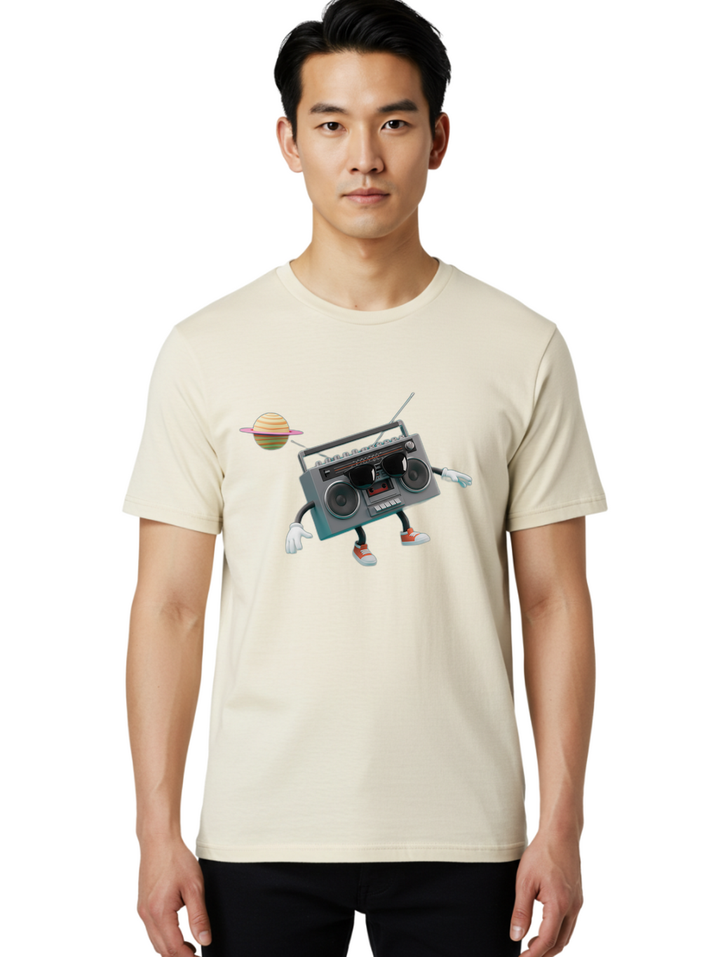 Boombox-5 Men'S Graphic Tee, 100% Cotton, Comfortable Casual Summer Wear, Machine Washable, Retro Boombox, Cartoon Character, Satellite Planet, Orange Sneakers, White Gloves, Gray Device, Cassette Player, Futuristic Accessories, Space Theme, Baa186