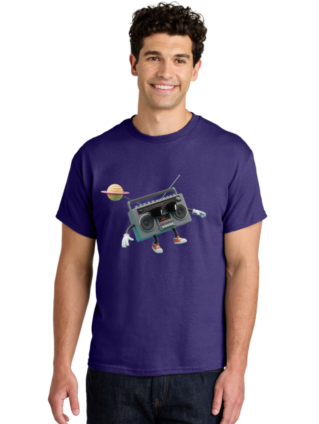 Boombox-5 Men'S Graphic Tee, 100% Cotton, Comfortable Casual Summer Wear, Machine Washable, Retro Boombox, Cartoon Character, Satellite Planet, Orange Sneakers, White Gloves, Gray Device, Cassette Player, Futuristic Accessories, Space Theme, Baa186