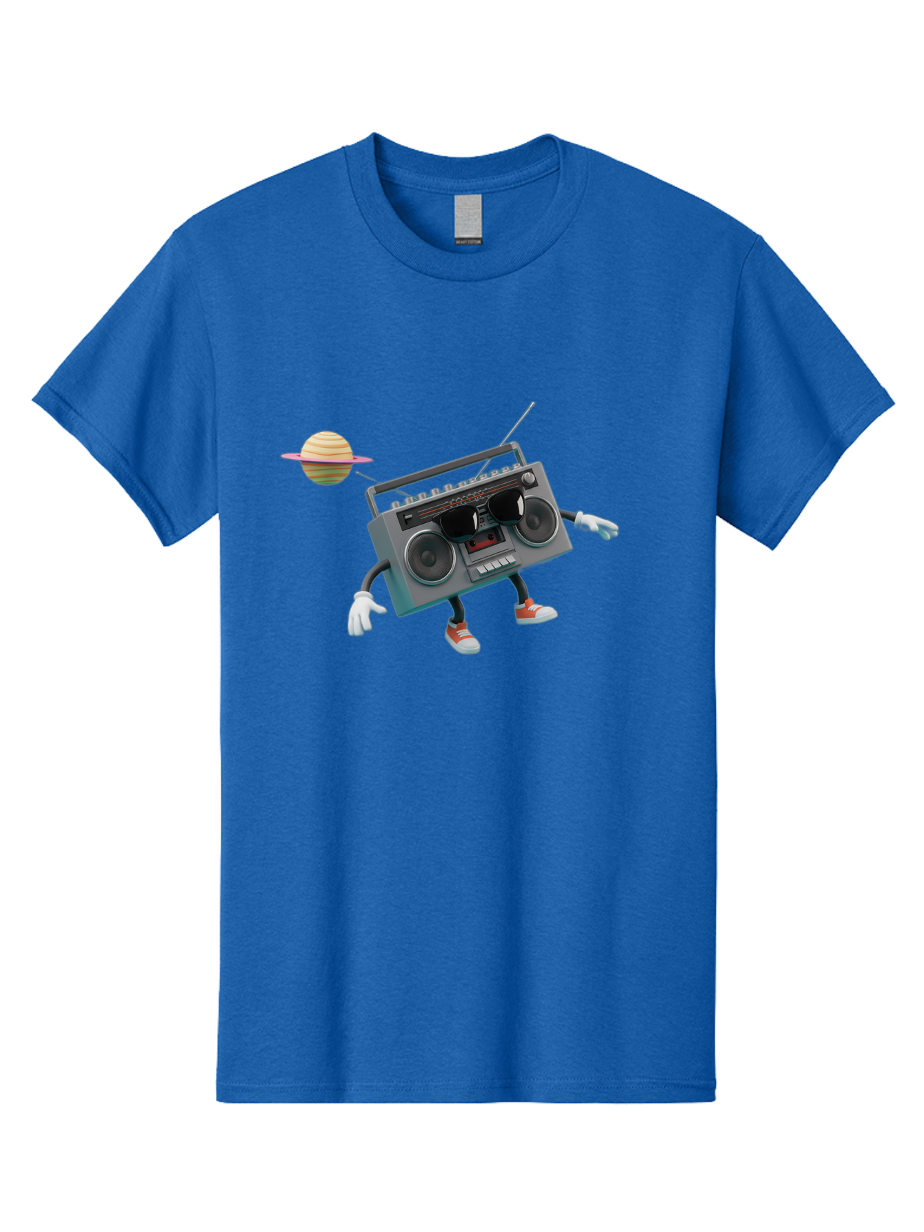 Boombox-5 Men'S Graphic Tee, 100% Cotton, Comfortable Casual Summer Wear, Machine Washable, Retro Boombox, Cartoon Character, Satellite Planet, Orange Sneakers, White Gloves, Gray Device, Cassette Player, Futuristic Accessories, Space Theme, Baa186