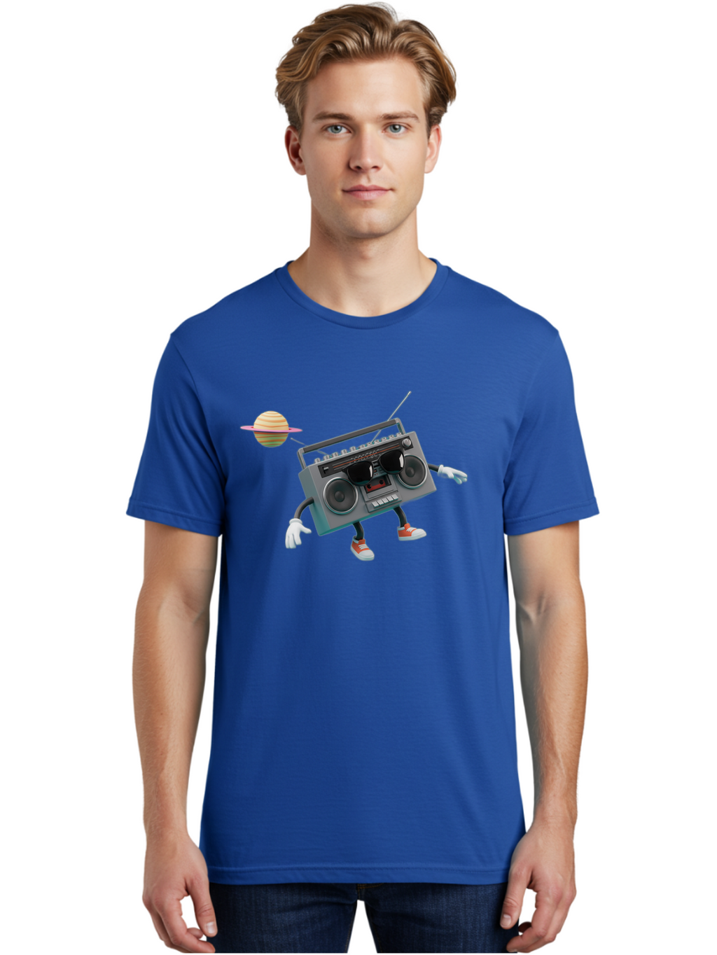 Boombox-5 Men'S Graphic Tee, 100% Cotton, Comfortable Casual Summer Wear, Machine Washable, Retro Boombox, Cartoon Character, Satellite Planet, Orange Sneakers, White Gloves, Gray Device, Cassette Player, Futuristic Accessories, Space Theme, Baa186