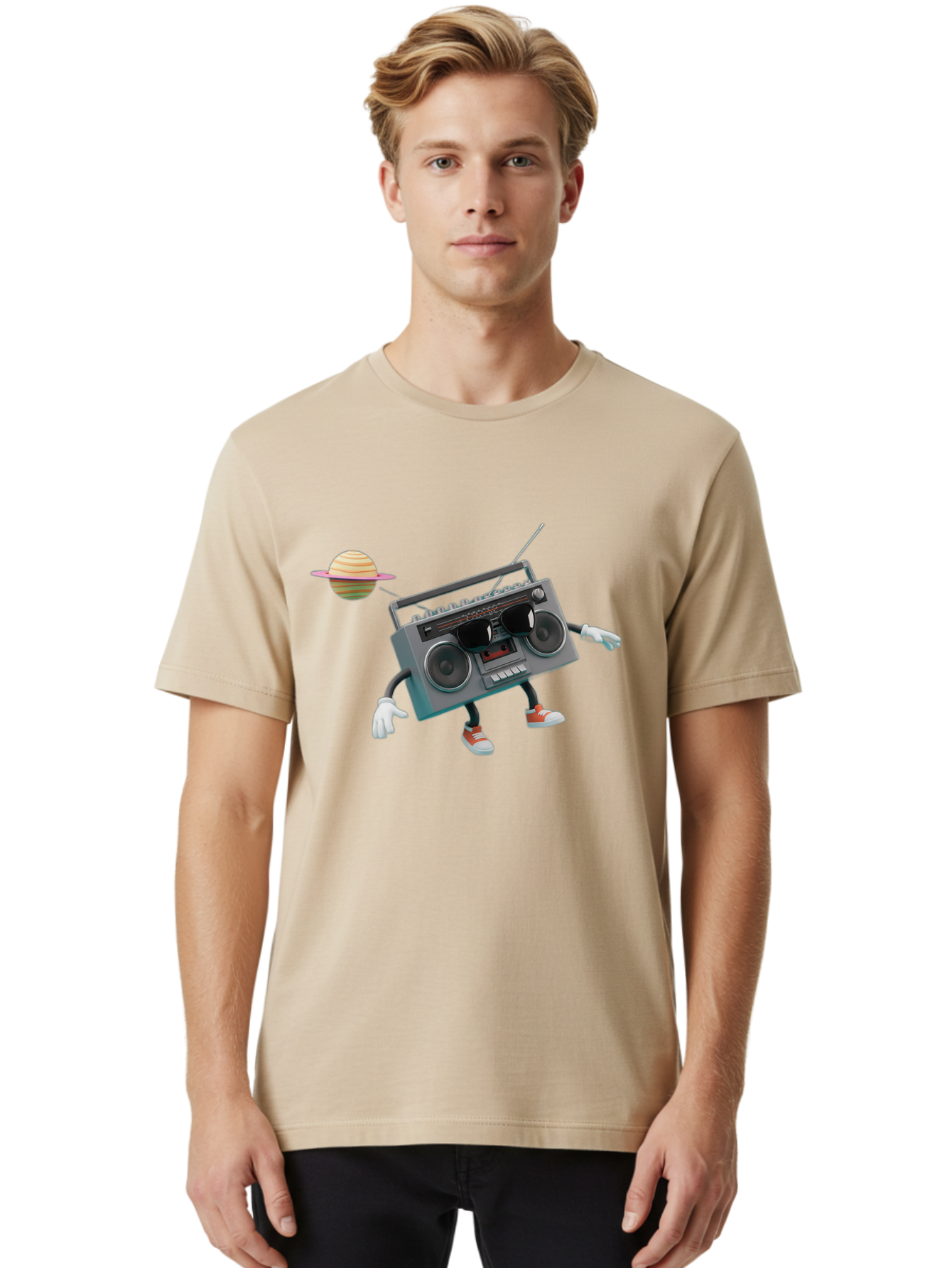 Boombox-5 Men'S Graphic Tee, 100% Cotton, Comfortable Casual Summer Wear, Machine Washable, Retro Boombox, Cartoon Character, Satellite Planet, Orange Sneakers, White Gloves, Gray Device, Cassette Player, Futuristic Accessories, Space Theme, Baa186
