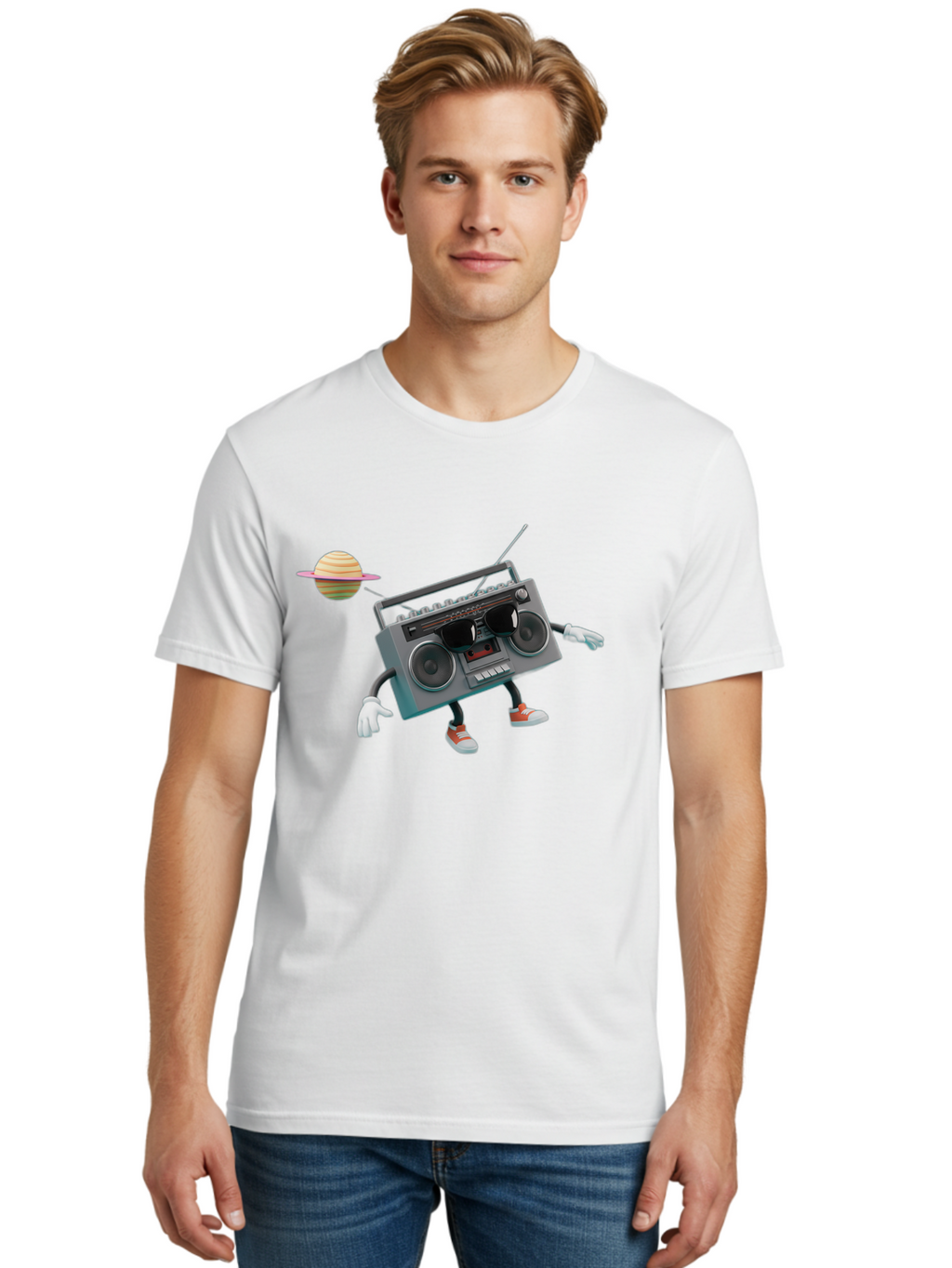 Boombox-5 Men'S Graphic Tee, 100% Cotton, Comfortable Casual Summer Wear, Machine Washable, Retro Boombox, Cartoon Character, Satellite Planet, Orange Sneakers, White Gloves, Gray Device, Cassette Player, Futuristic Accessories, Space Theme, Baa186