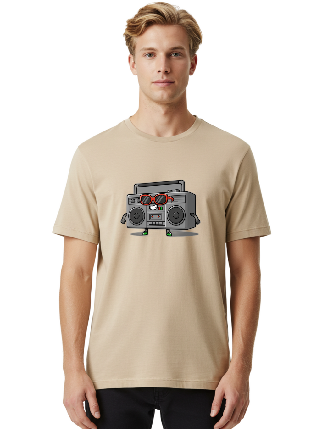 Boombox-6 Men'S Graphic Tee, 100% Cotton, Comfortable Casual Summer Wear, Machine Washable, Cartoon Boombox, Sunglasses, Retro Style, Music Lover, Fun Character, Cassette Player, Animated Electronics, Nostalgic Vibe, Playful Design, Baa187