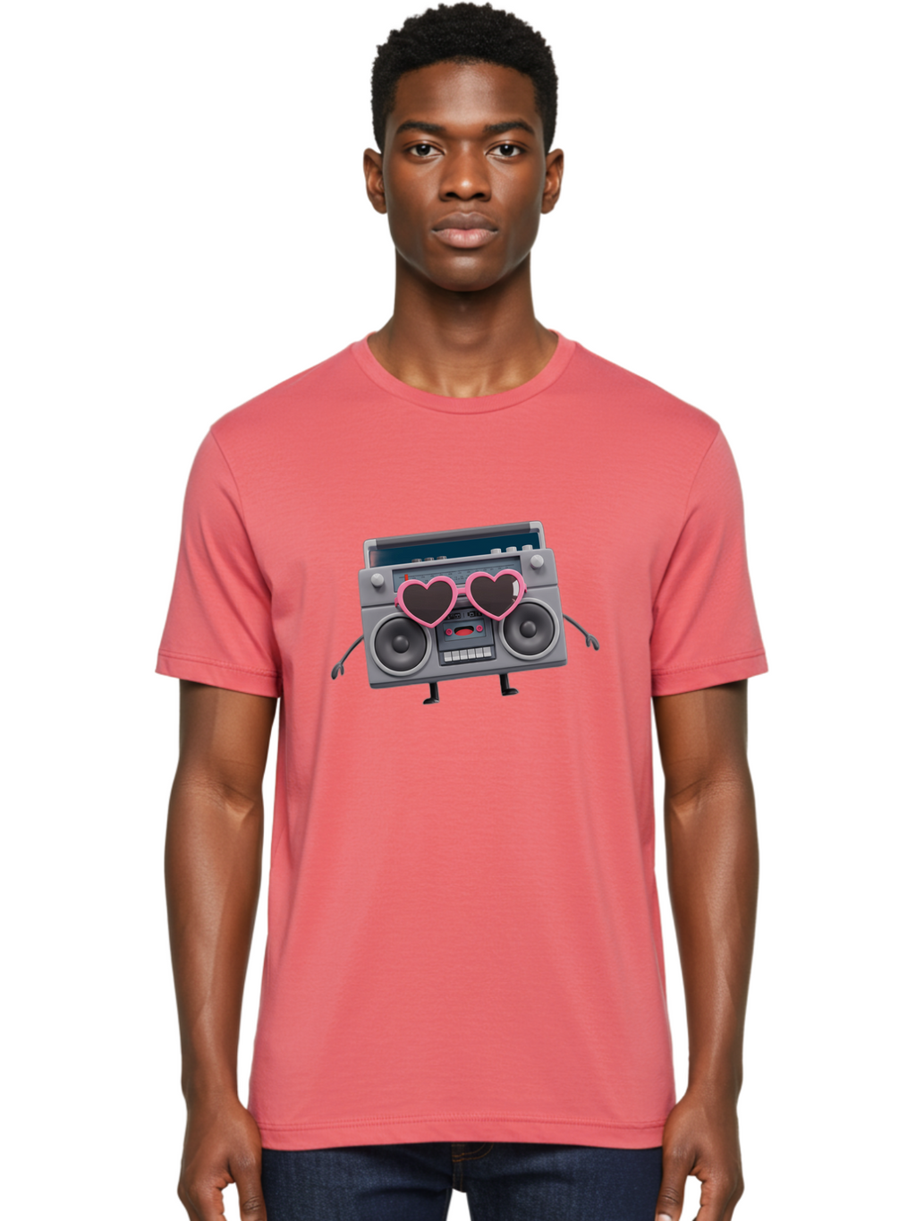 Boombox-Character-1 Men'S Graphic Tee, 100% Cotton, Comfortable Casual Summer Wear, Machine Washable, Cartoon Boombox, Retro Audio Equipment, Heart-Shaped Sunglasses, Funky Character Design, Anthropomorphic Boombox, Nostalgic Music Player, Baa188