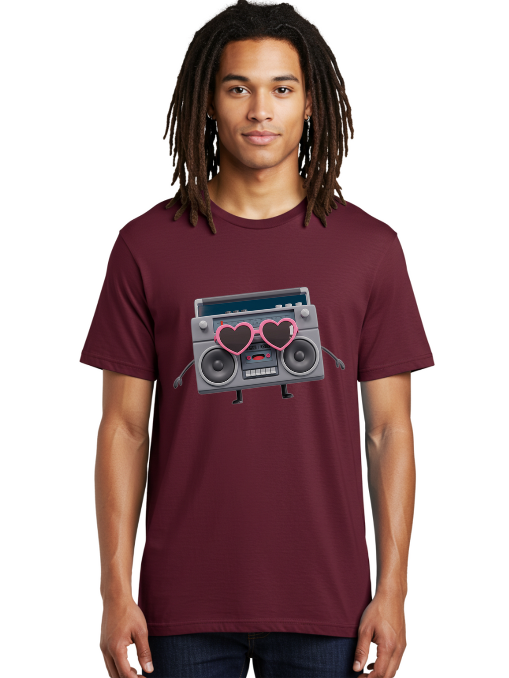 Boombox-Character-1 Men'S Graphic Tee, 100% Cotton, Comfortable Casual Summer Wear, Machine Washable, Cartoon Boombox, Retro Audio Equipment, Heart-Shaped Sunglasses, Funky Character Design, Anthropomorphic Boombox, Nostalgic Music Player, Baa188