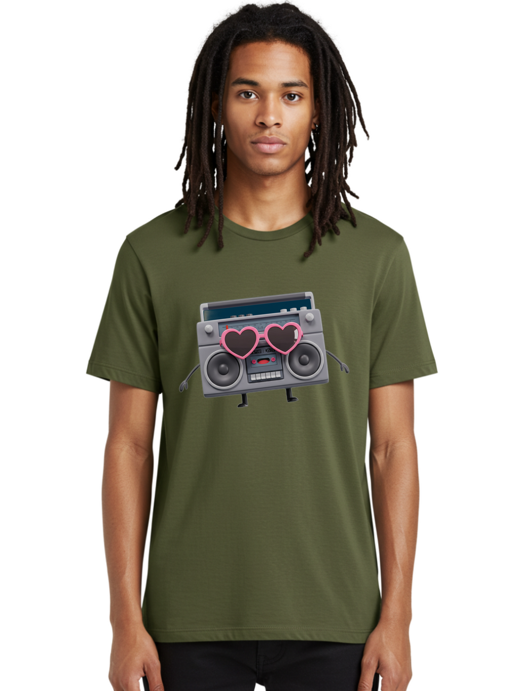 Boombox-Character-1 Men'S Graphic Tee, 100% Cotton, Comfortable Casual Summer Wear, Machine Washable, Cartoon Boombox, Retro Audio Equipment, Heart-Shaped Sunglasses, Funky Character Design, Anthropomorphic Boombox, Nostalgic Music Player, Baa188