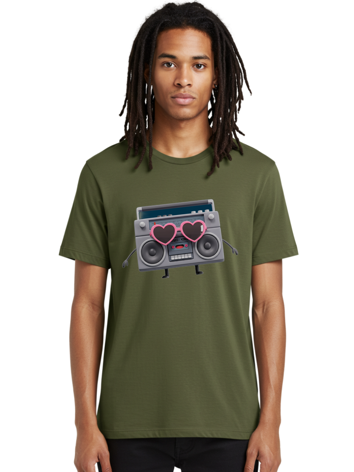 Boombox-Character-1 Men'S Graphic Tee, 100% Cotton, Comfortable Casual Summer Wear, Machine Washable, Cartoon Boombox, Retro Audio Equipment, Heart-Shaped Sunglasses, Funky Character Design, Anthropomorphic Boombox, Nostalgic Music Player, Baa188