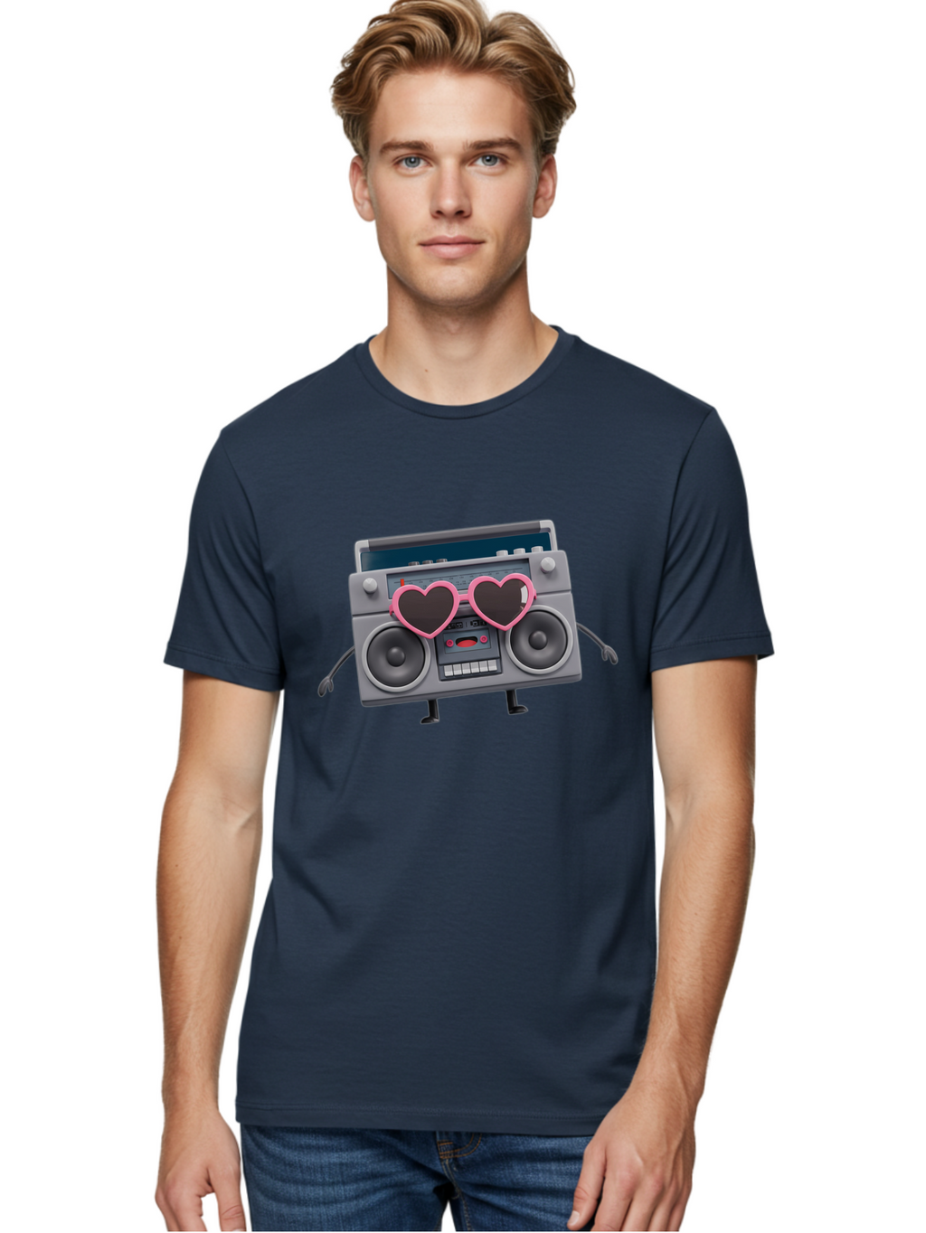 Boombox-Character-1 Men'S Graphic Tee, 100% Cotton, Comfortable Casual Summer Wear, Machine Washable, Cartoon Boombox, Retro Audio Equipment, Heart-Shaped Sunglasses, Funky Character Design, Anthropomorphic Boombox, Nostalgic Music Player, Baa188
