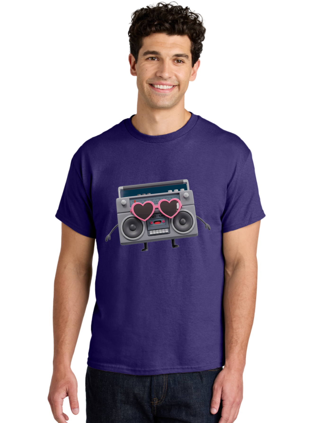 Boombox-Character-1 Men'S Graphic Tee, 100% Cotton, Comfortable Casual Summer Wear, Machine Washable, Cartoon Boombox, Retro Audio Equipment, Heart-Shaped Sunglasses, Funky Character Design, Anthropomorphic Boombox, Nostalgic Music Player, Baa188