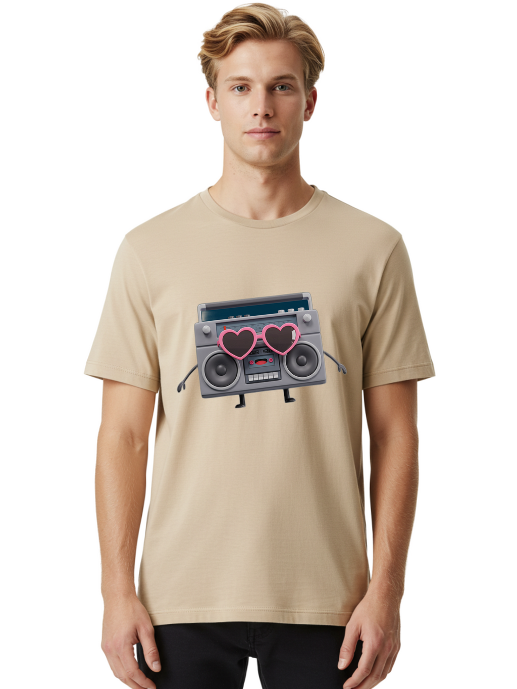 Boombox-Character-1 Men'S Graphic Tee, 100% Cotton, Comfortable Casual Summer Wear, Machine Washable, Cartoon Boombox, Retro Audio Equipment, Heart-Shaped Sunglasses, Funky Character Design, Anthropomorphic Boombox, Nostalgic Music Player, Baa188